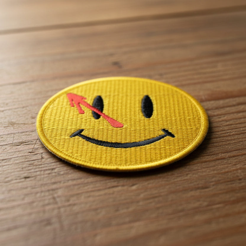 Yellow patch with a smiley face design on a wooden surface