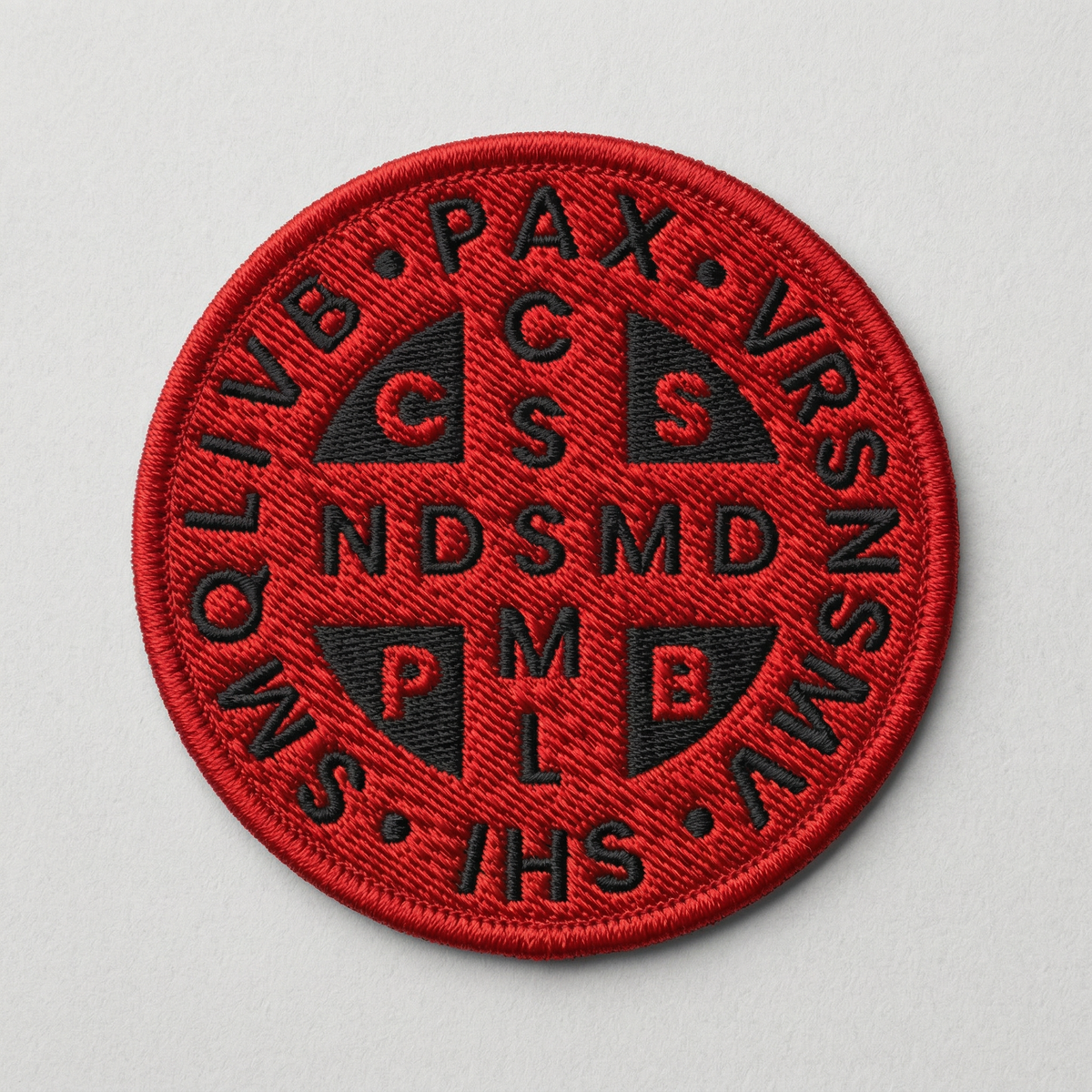 St Benedict's Cross minimalist embroidered morale patch from Liberty Maniacs featuring a red on black colorway.