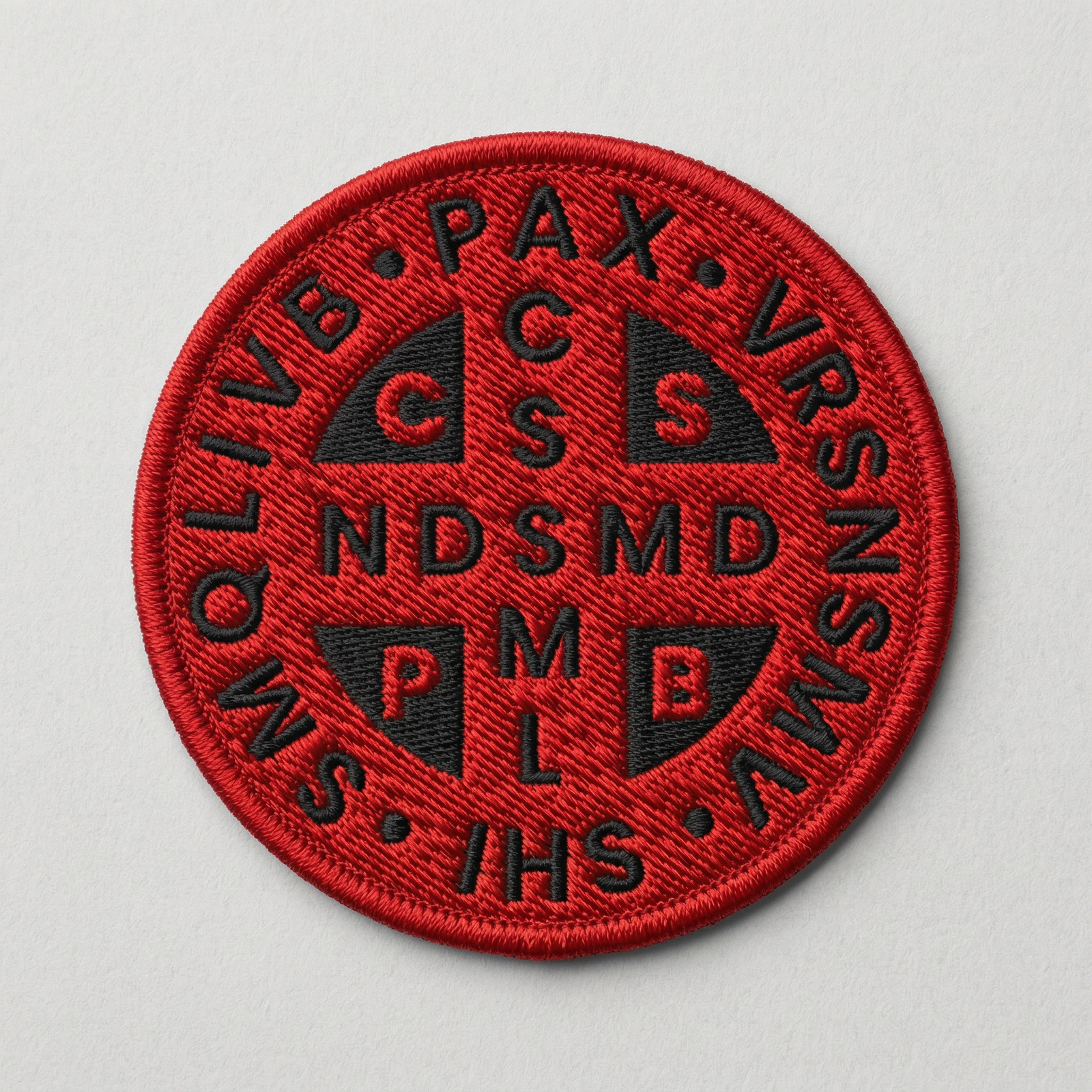 St Benedict's Cross minimalist embroidered morale patch from Liberty Maniacs featuring a red on black colorway.