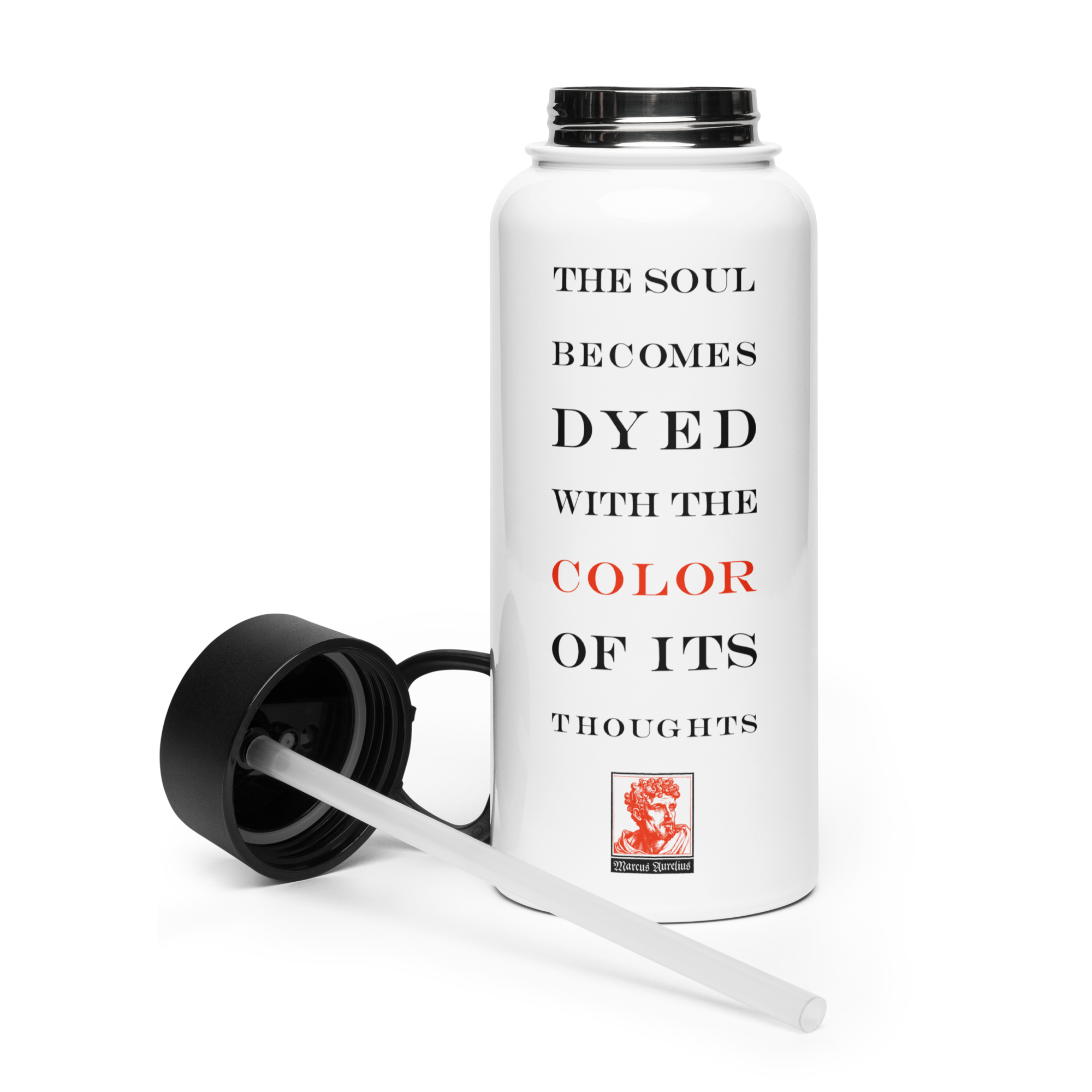 Marcus Aurelius Thoughts Stainless Steel Water Bottle with a Straw Lid