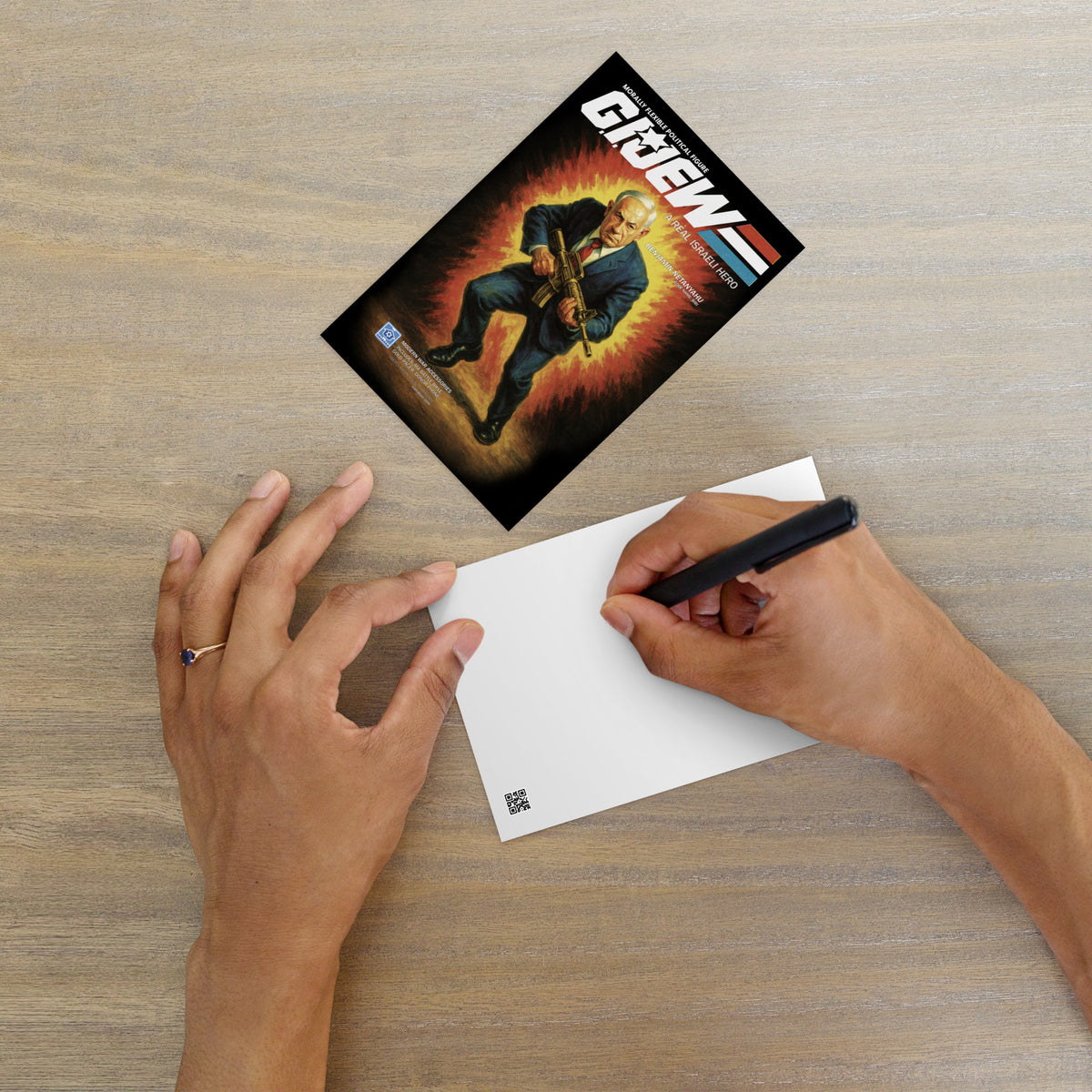 Person writing on a card with a 'Gifteve' product in the background
