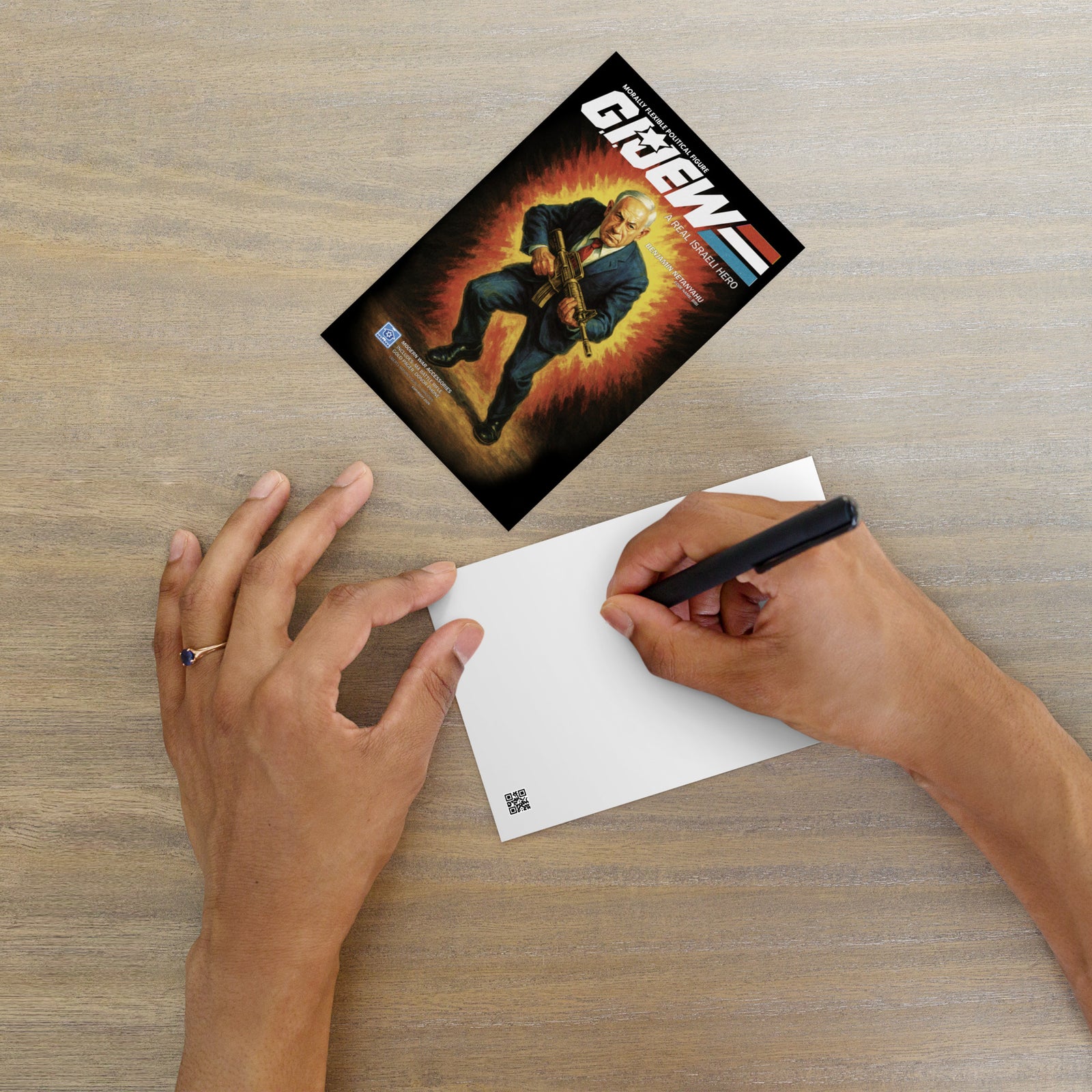Person writing on a card with a 'Gifteve' product in the background