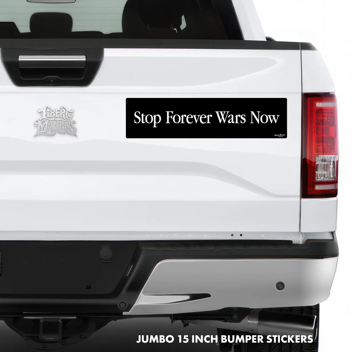 A black rectangular bumper sticker with the white text 'Stop Forever Wars Now' applied to the rear bumper of a white pickup truck. The sticker is shown in context on the truck, with a silver bumper and a 'Beer &amp; Brewers' logo visible on the side.