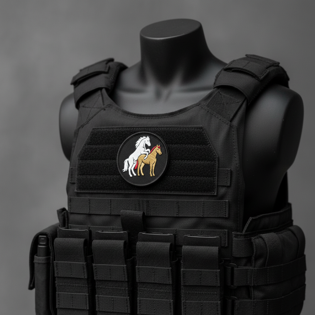 Black tactical vest with a patch on a gray background