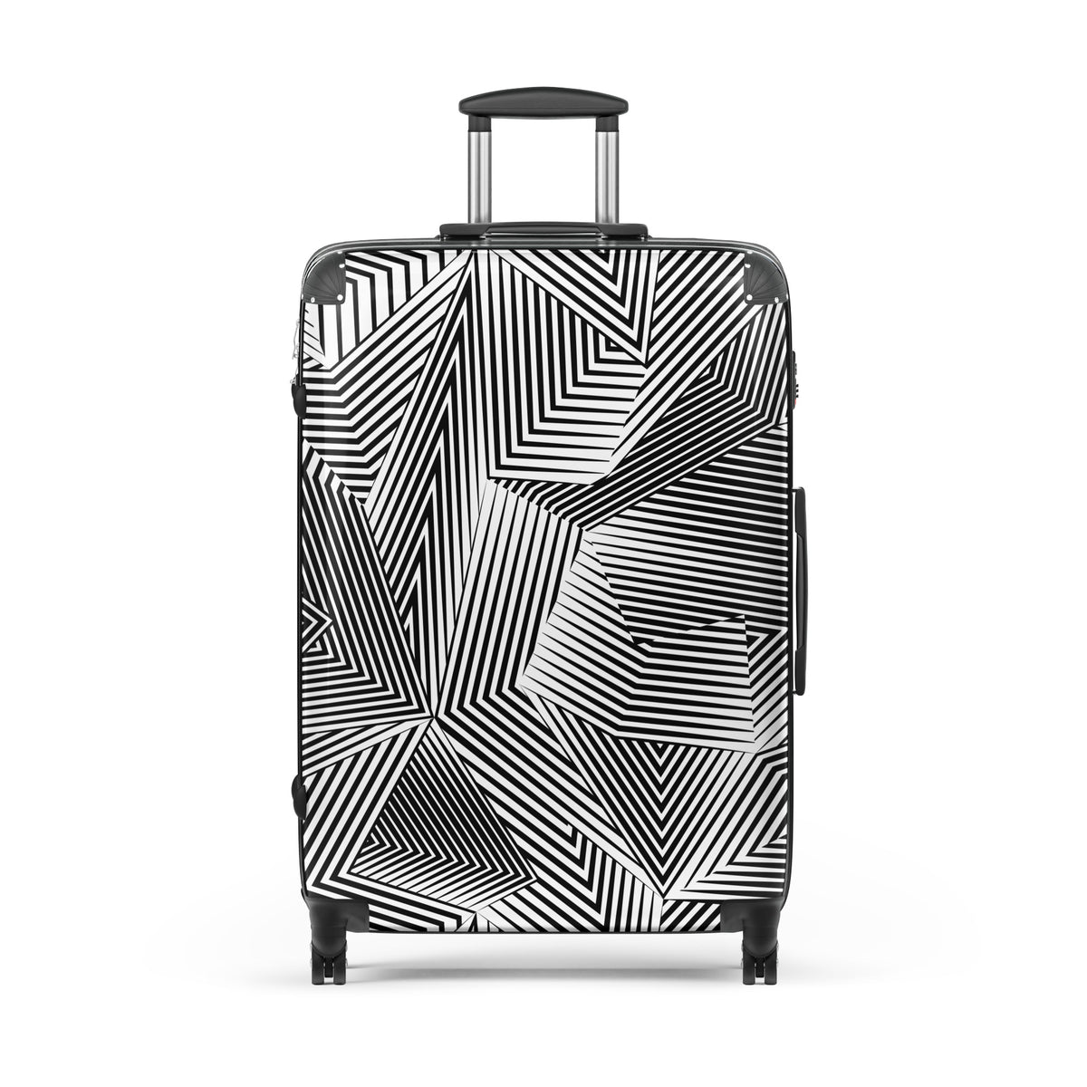 A hard-shell spinner suitcase with a bold black and white geometric optical illusion pattern, featuring an extended telescoping handle and four wheels, shown against a plain white background.