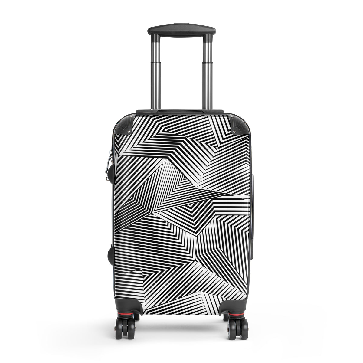 A hard-shell spinner suitcase with an optical illusion geometric pattern of black and white lines, featuring an extended telescoping handle and four wheels, shown on a plain white background.