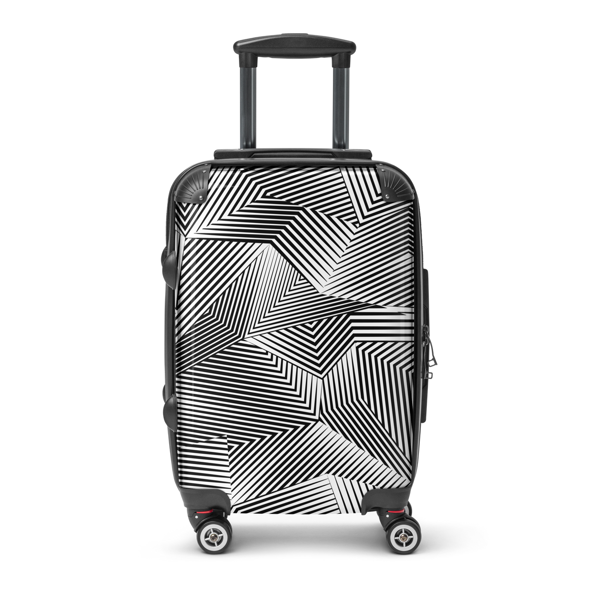 A hard-shell spinner suitcase with a black and white geometric line pattern, featuring an extended telescopic handle and four wheels, shown against a plain white background.