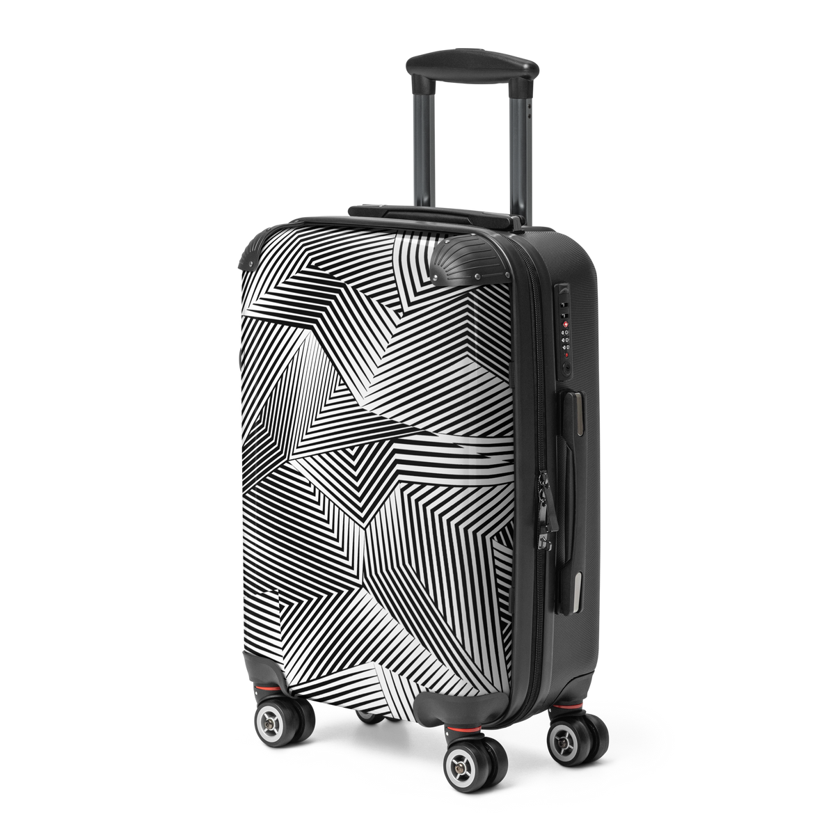 A hard-shell spinner suitcase with a black and white geometric line pattern, featuring an extended telescopic handle and four multi-directional wheels, shown on a plain white background.