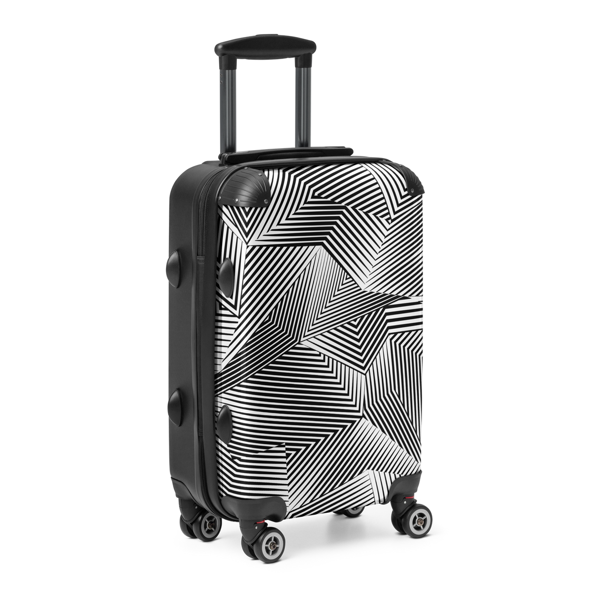 A hard-shell carry-on suitcase with an abstract black and white geometric line pattern, featuring a black telescoping handle and four spinner wheels, shown on a plain white background.