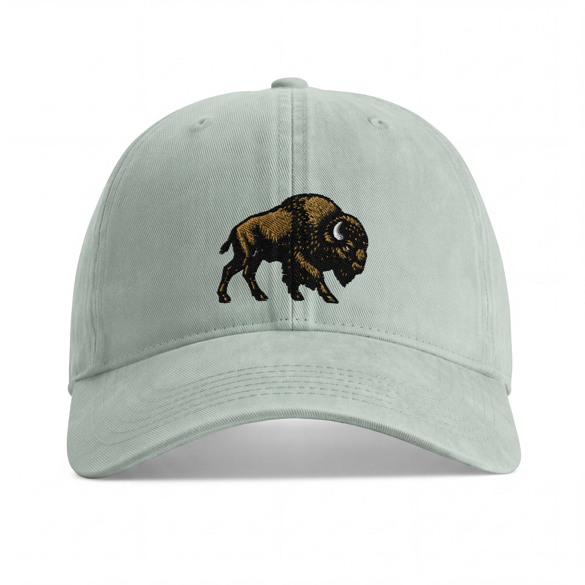 Bison sunwashed cotton cap in Bay, front view showing black and gold-brown bison embroidery