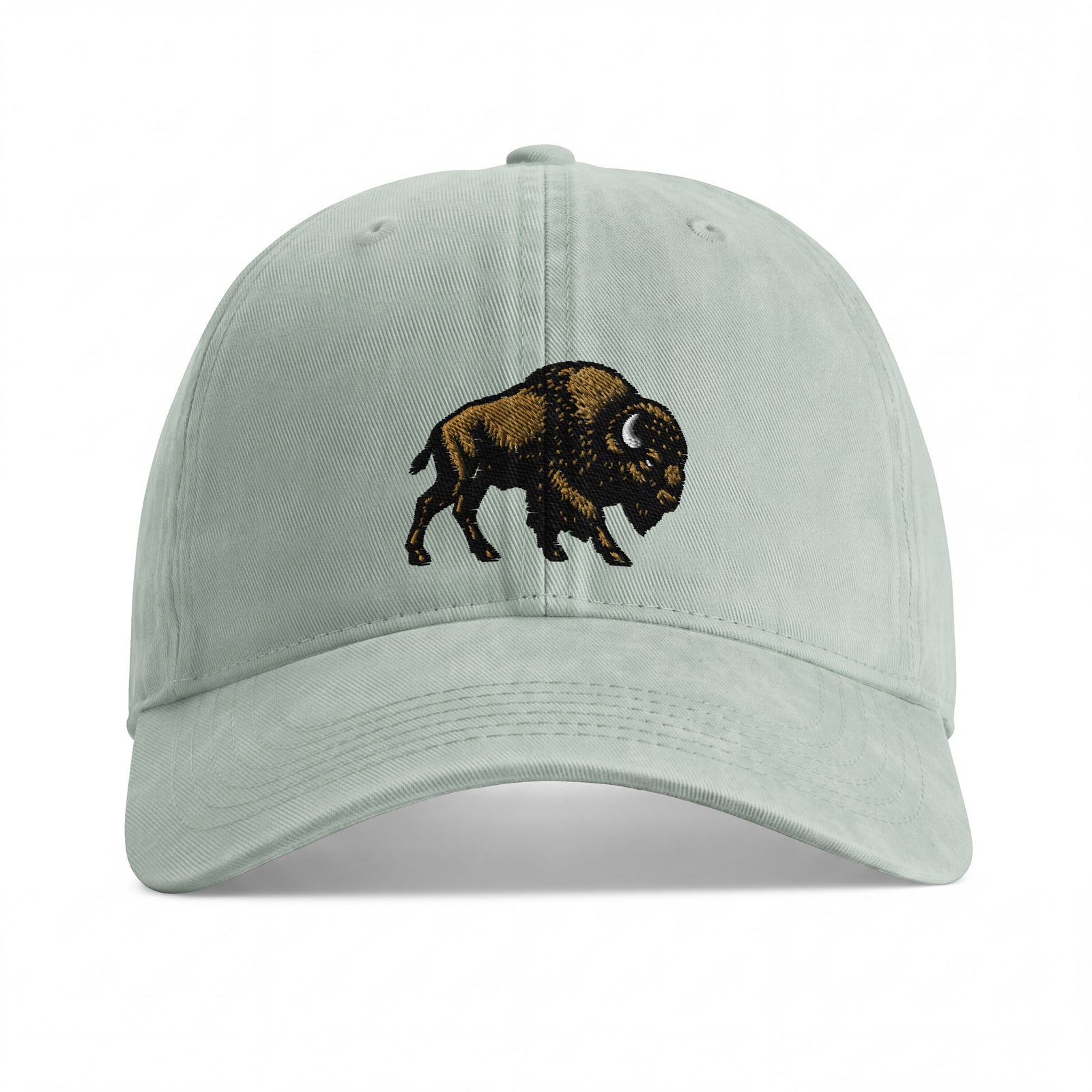 Bison sunwashed cotton cap in Bay, front view showing black and gold-brown bison embroidery