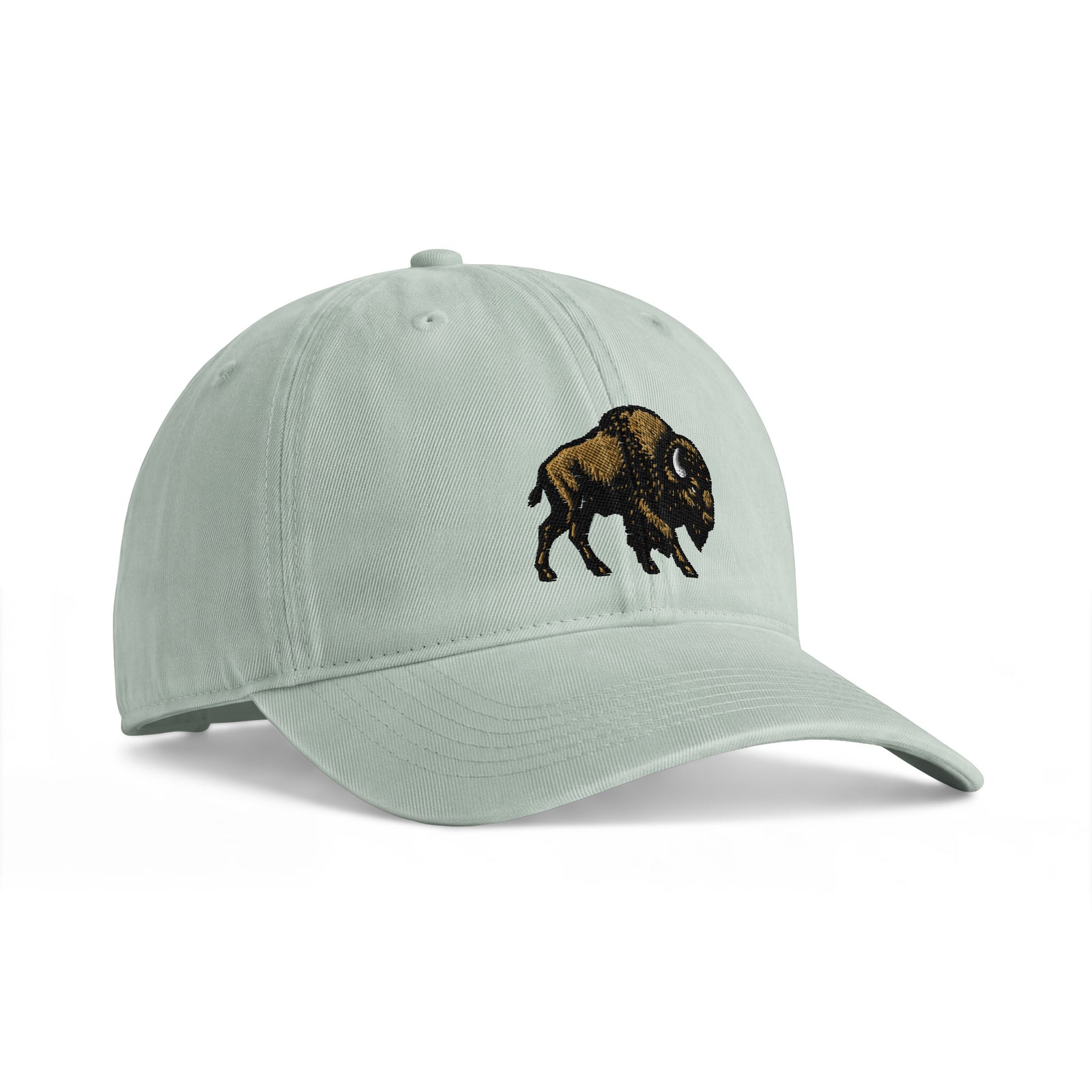 Bison sunwashed cotton cap in Bay, angled front view showing bison embroidery and the curved bill