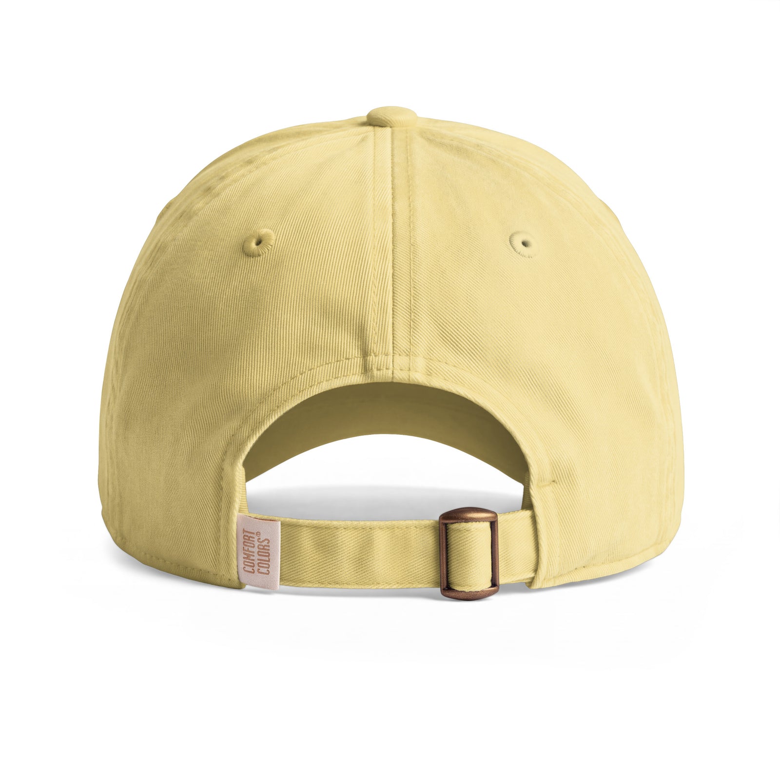 Bison sunwashed cotton cap in Butter, rear view showing the adjustable fabric strap and metal slider