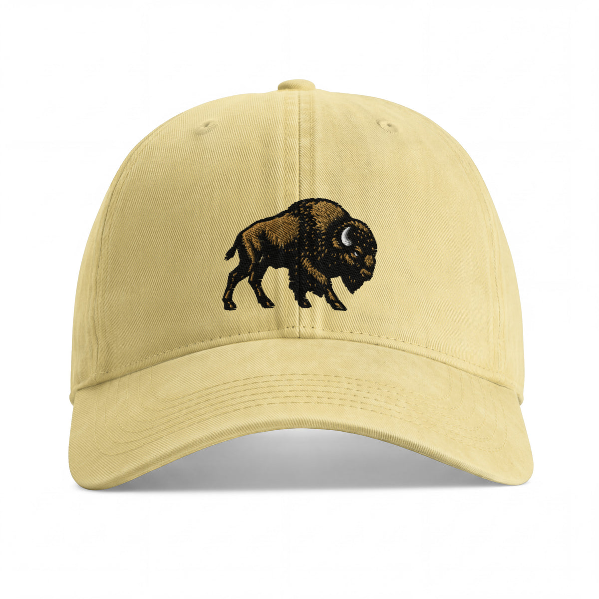 Bison sunwashed cotton cap in Butter, front view showing black and gold-brown bison embroidery