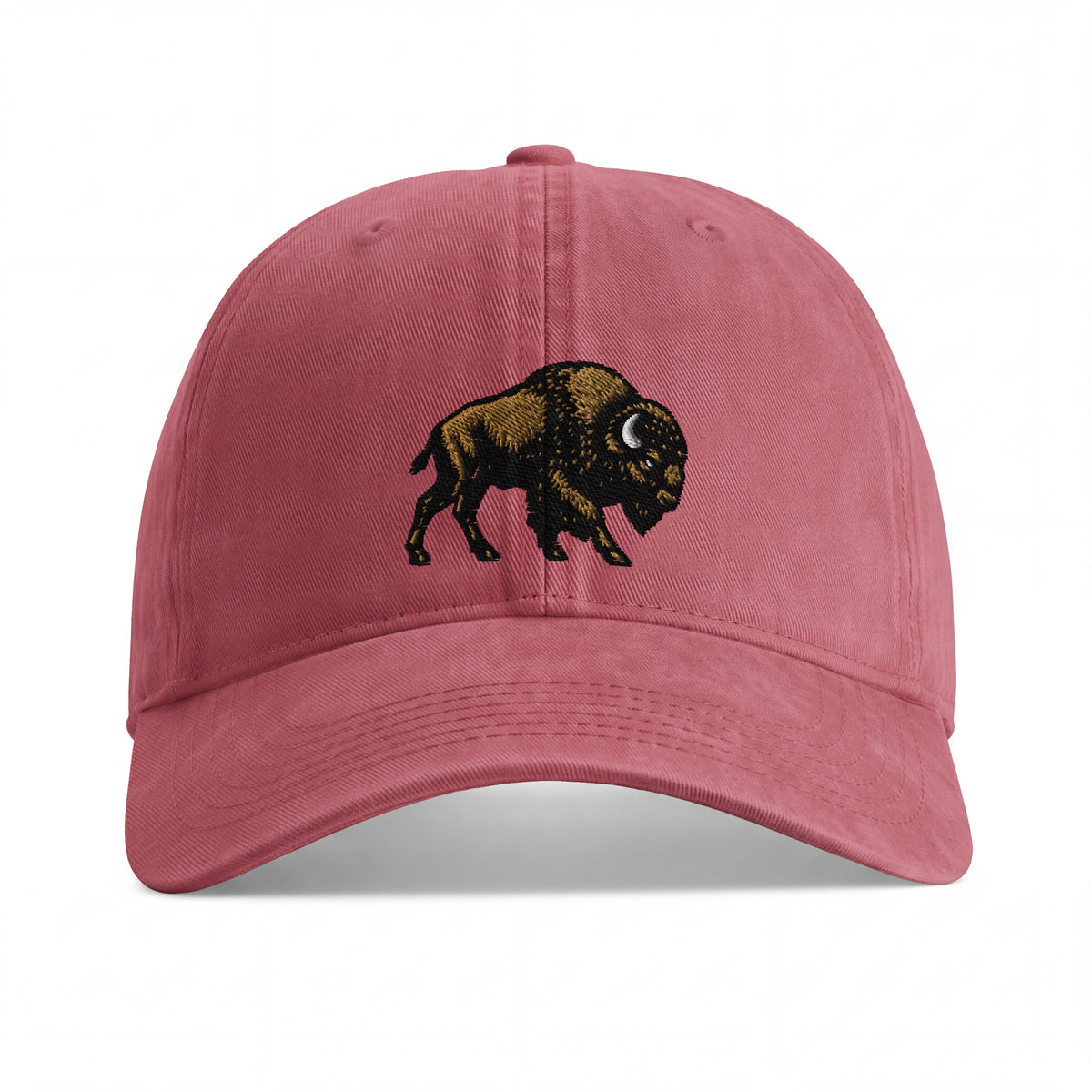 Bison sunwashed cotton cap in Crimson, front view showing black and gold-brown bison embroidery