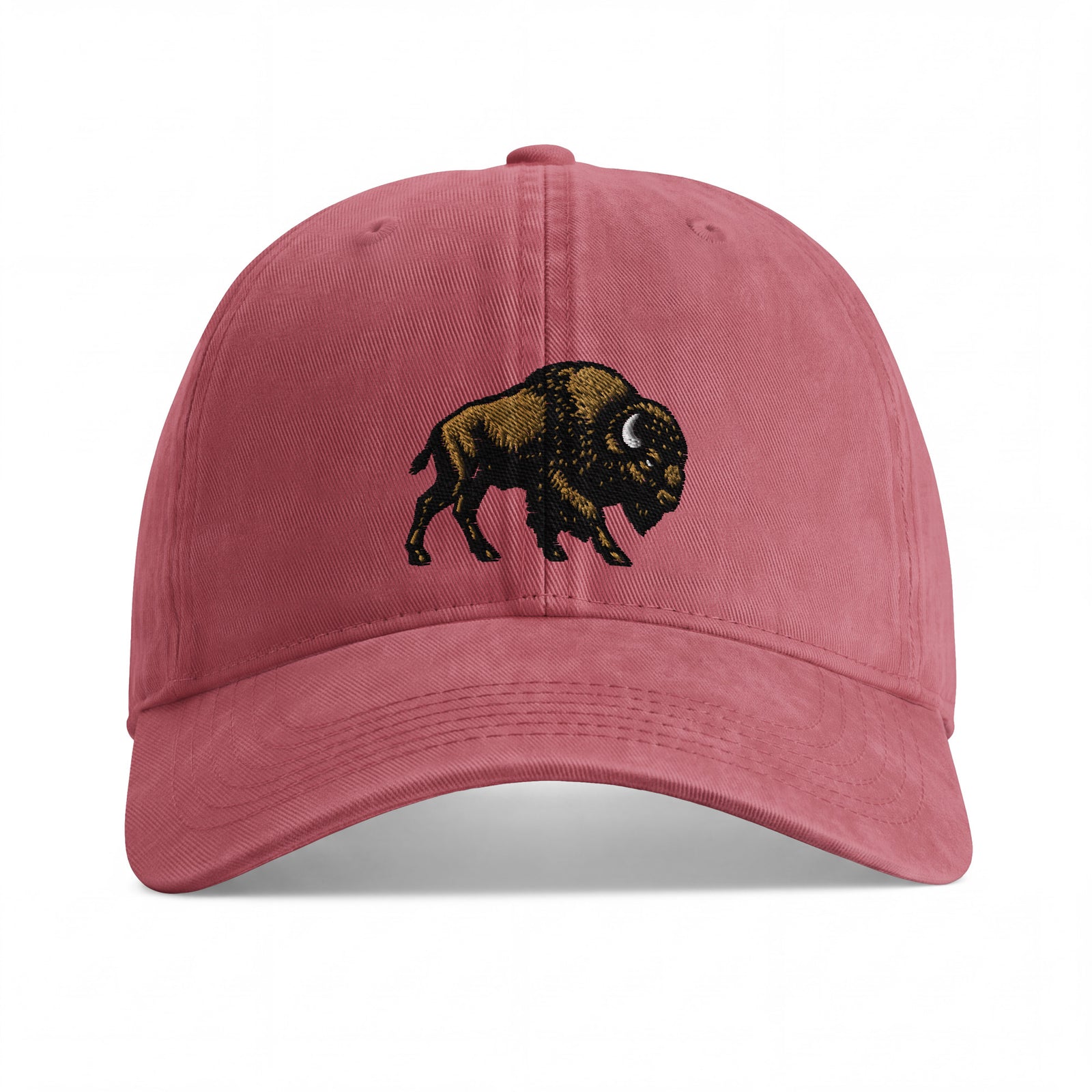 Bison sunwashed cotton cap in Crimson, front view showing black and gold-brown bison embroidery