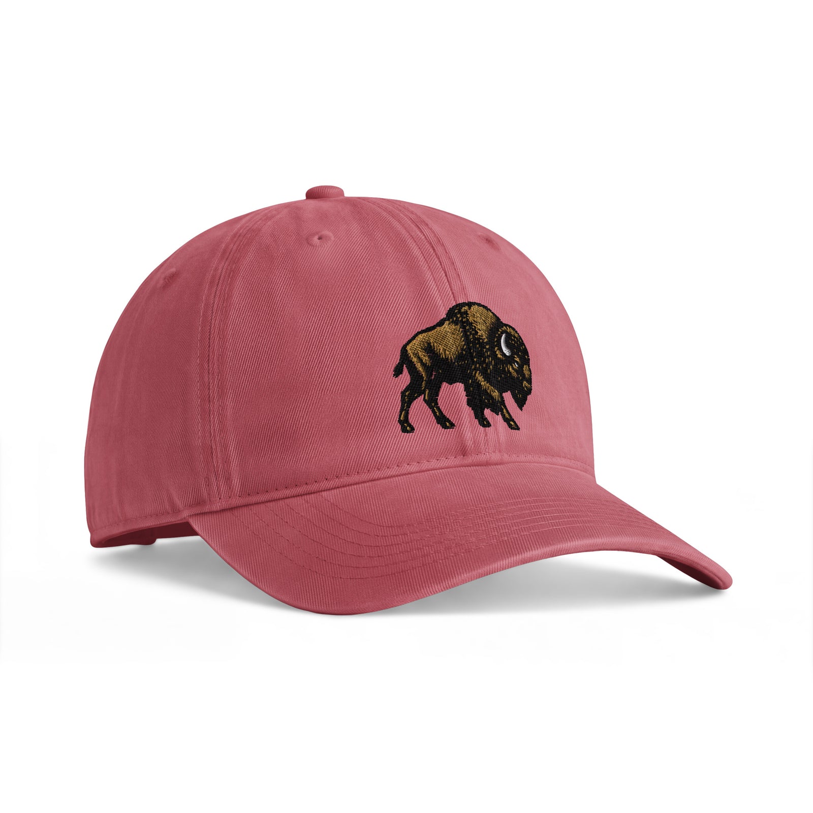 Bison sunwashed cotton cap in Crimson, angled front view showing bison embroidery and the curved bill