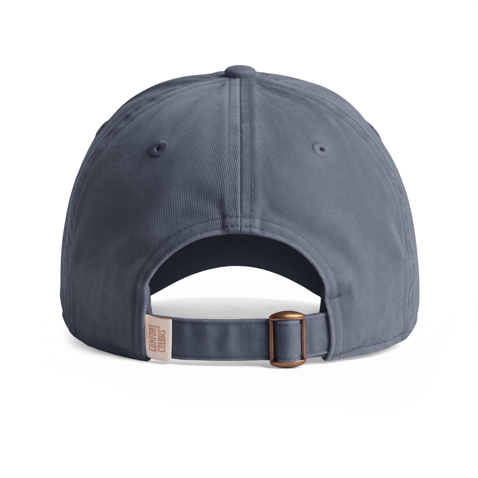 Bison sunwashed cotton cap in Denim, rear view showing the adjustable fabric strap and metal slider