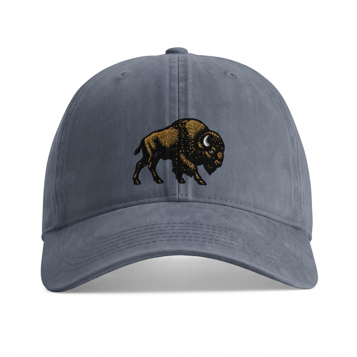 Bison sunwashed cotton cap in Denim, front view showing black and gold-brown bison embroidery