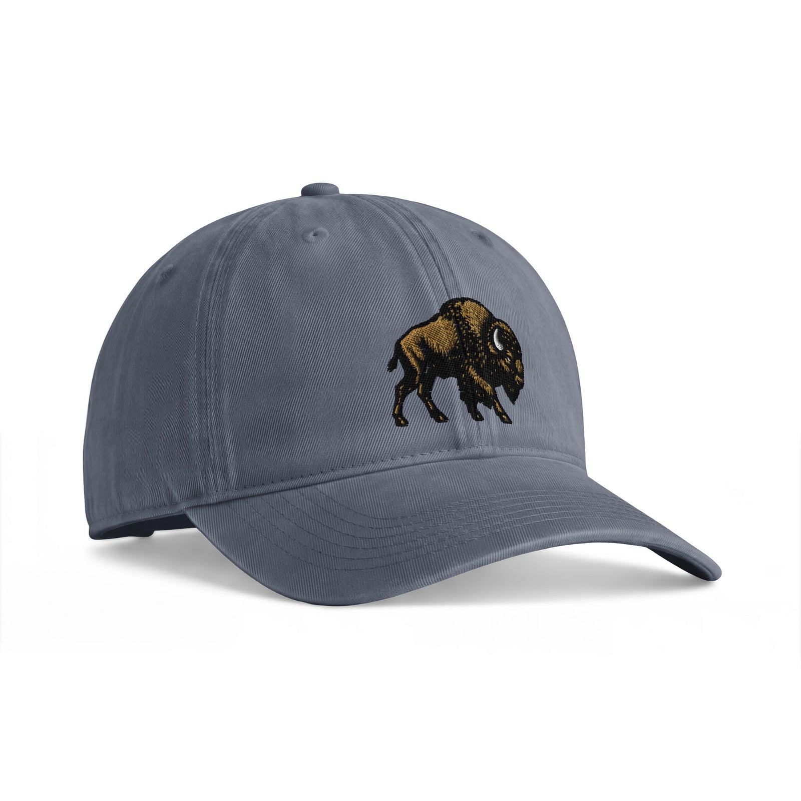 Bison sunwashed cotton cap in Denim, angled front view showing bison embroidery and the curved bill