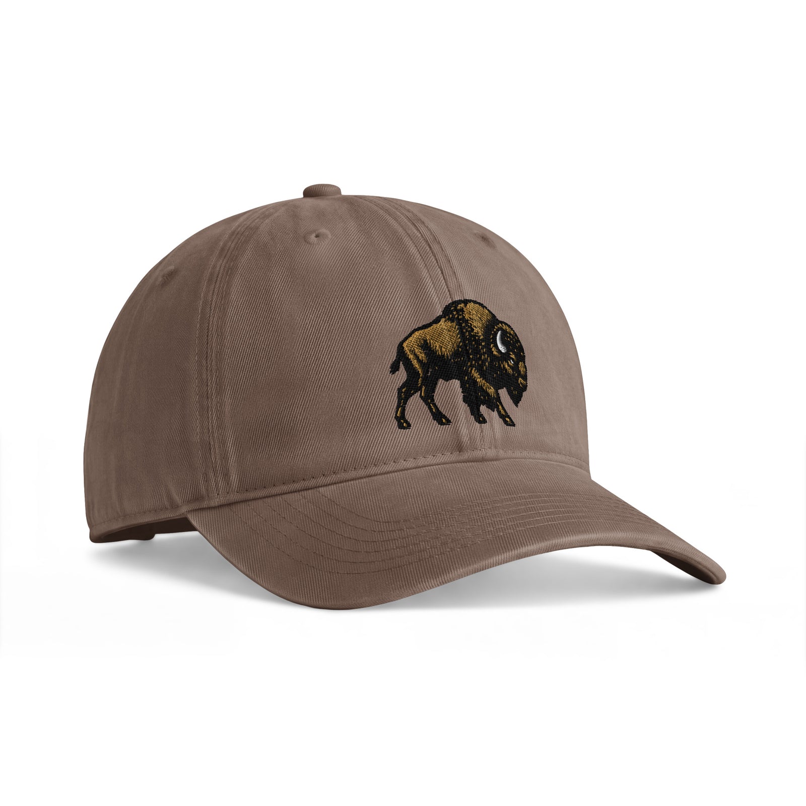 Bison sunwashed cotton cap in Espresso, angled front view showing bison embroidery and the curved bill