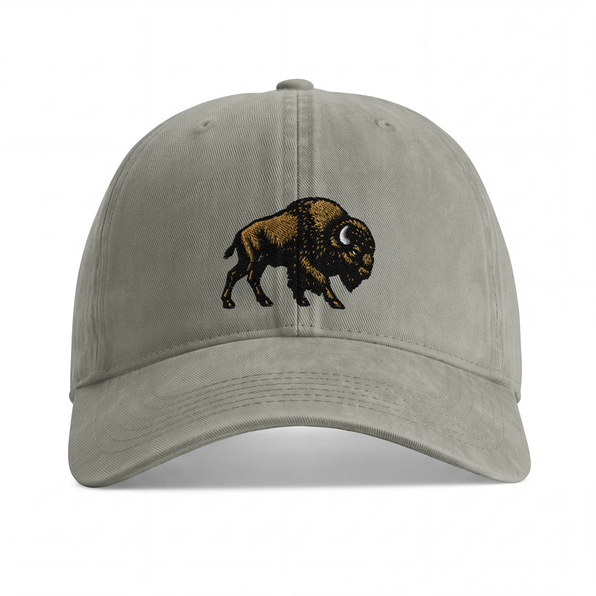 Bison sunwashed cotton cap in Sandstone, front view showing black and gold-brown bison embroidery