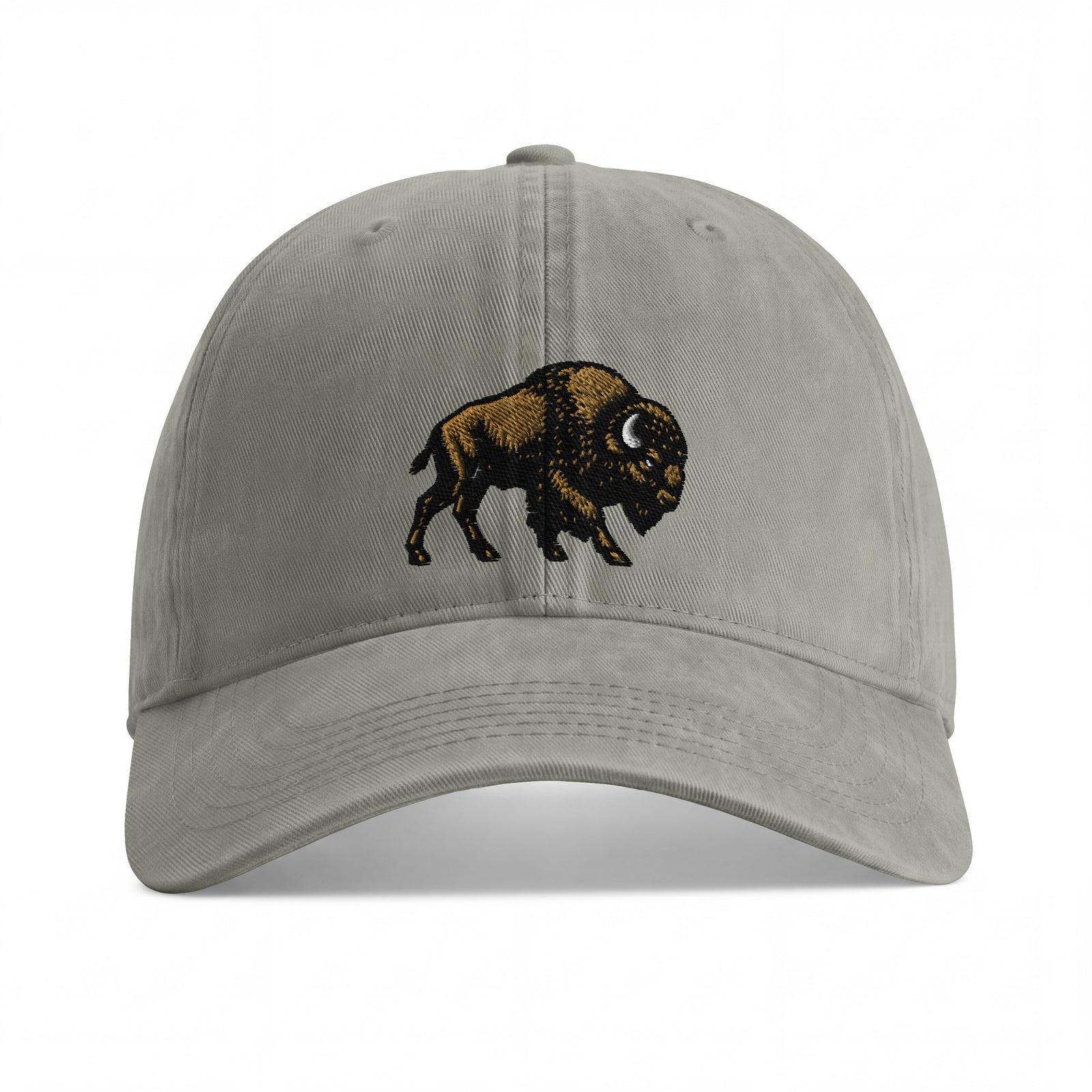 Bison sunwashed cotton cap in Sandstone, front view showing black and gold-brown bison embroidery
