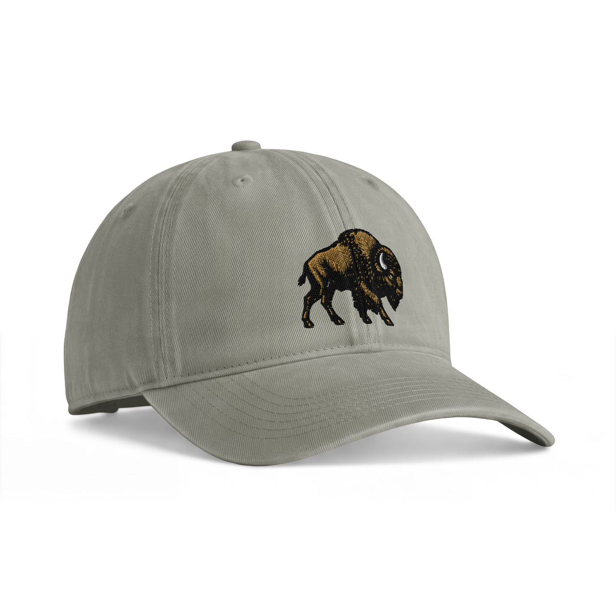 Bison sunwashed cotton cap in Sandstone, angled front view showing bison embroidery and the curved bill