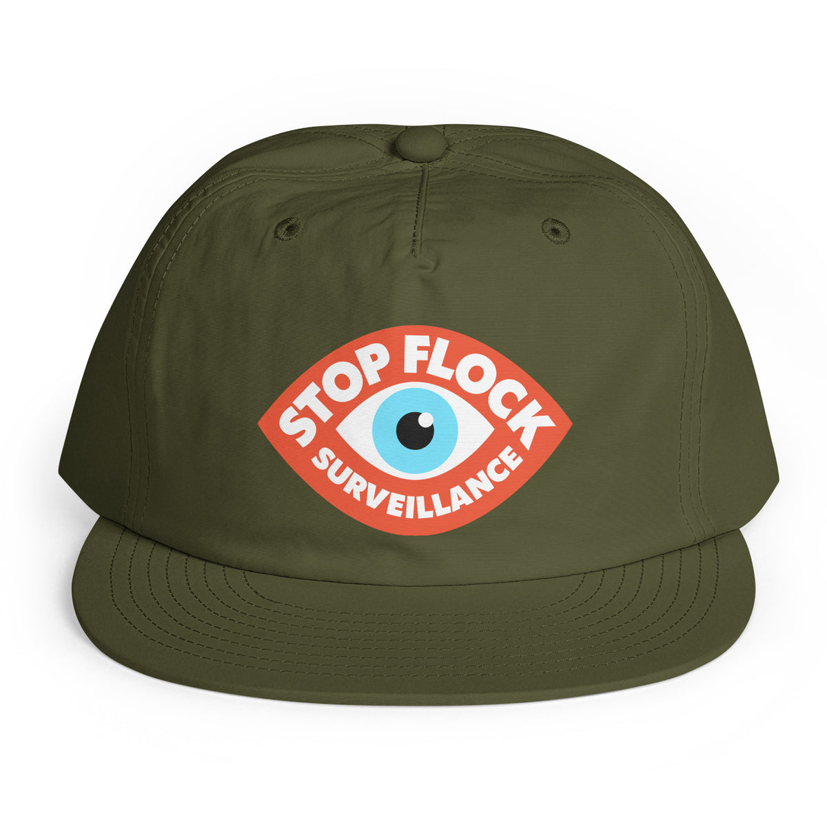 An olive green flat-brim baseball cap featuring a red, white, and blue graphic on the front that reads 'STOP FLOCK SURVEILLANCE' with a central eye illustration, set against a plain white background.