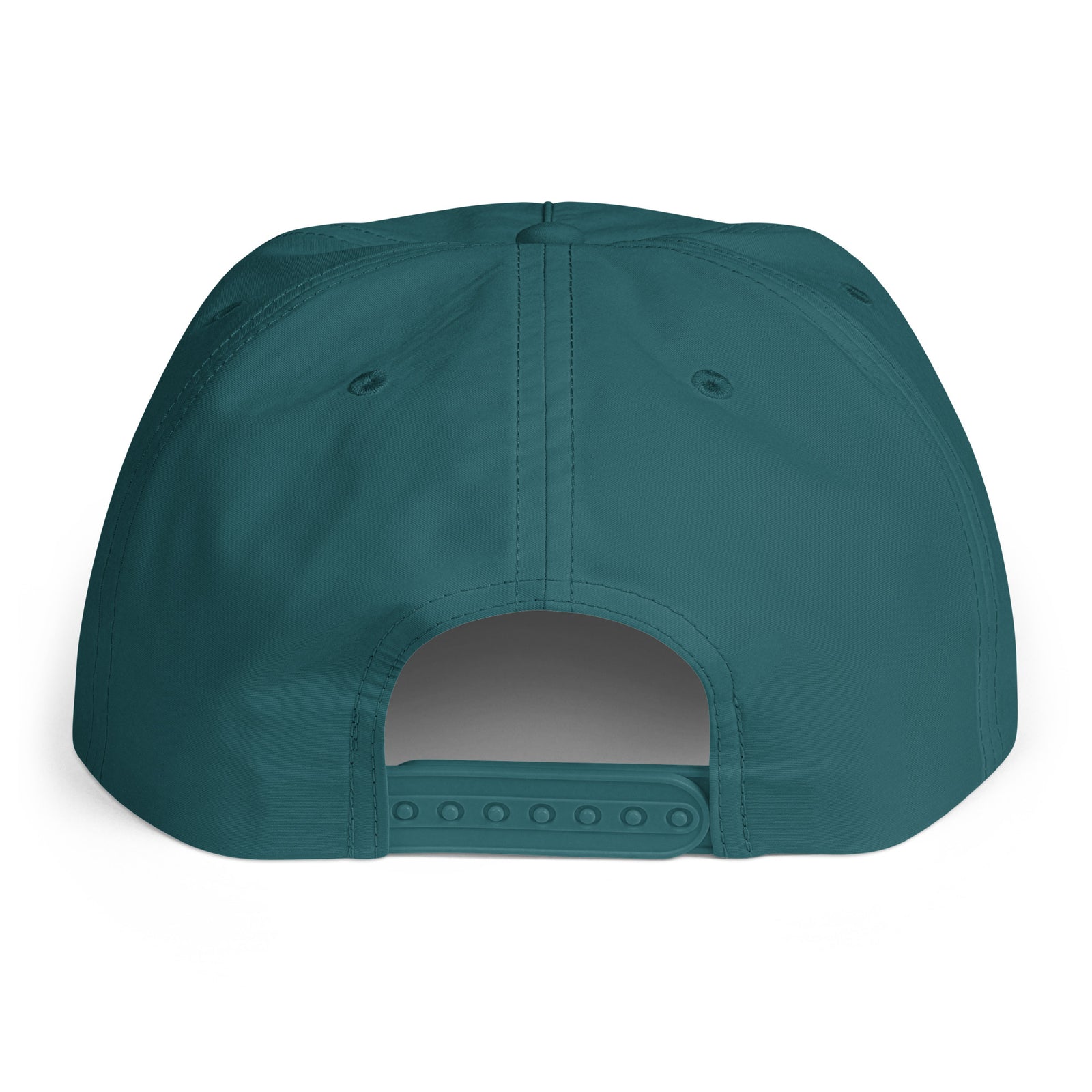 A dark teal baseball cap with a flat brim, featuring a red and white graphic on the front that reads 'STOP FLOCK SURVEILLANCE' around a blue and white eye illustration.