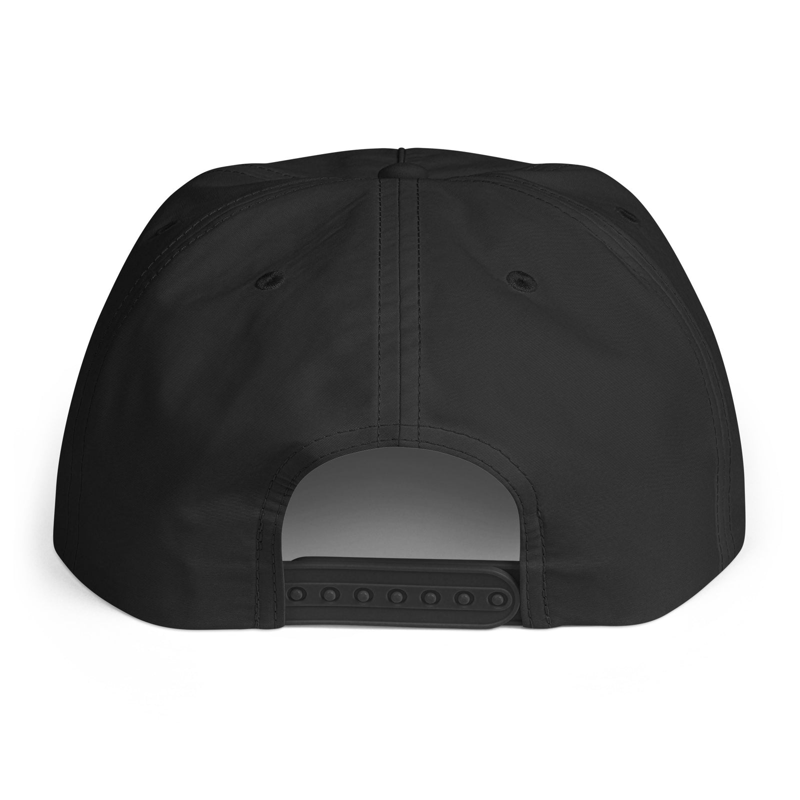 Black cap with a flat brim on a white background