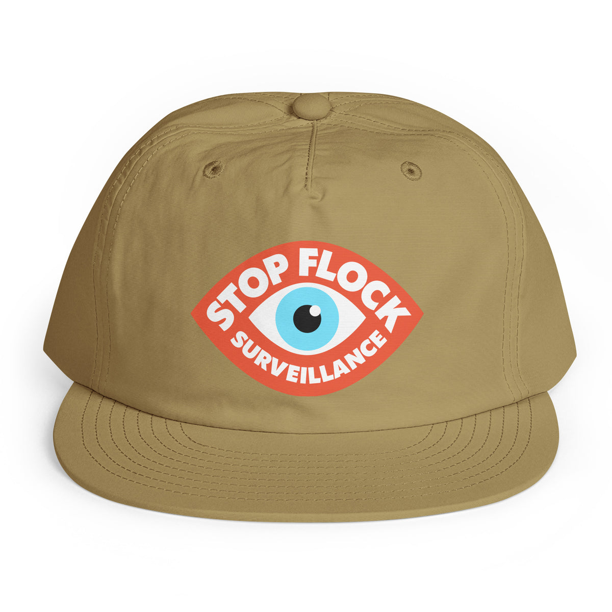 A tan baseball cap with a red, white, and blue graphic on the front that reads 'STOP FLOCK SURVEILLANCE' around an eye illustration, shown on a plain white background.