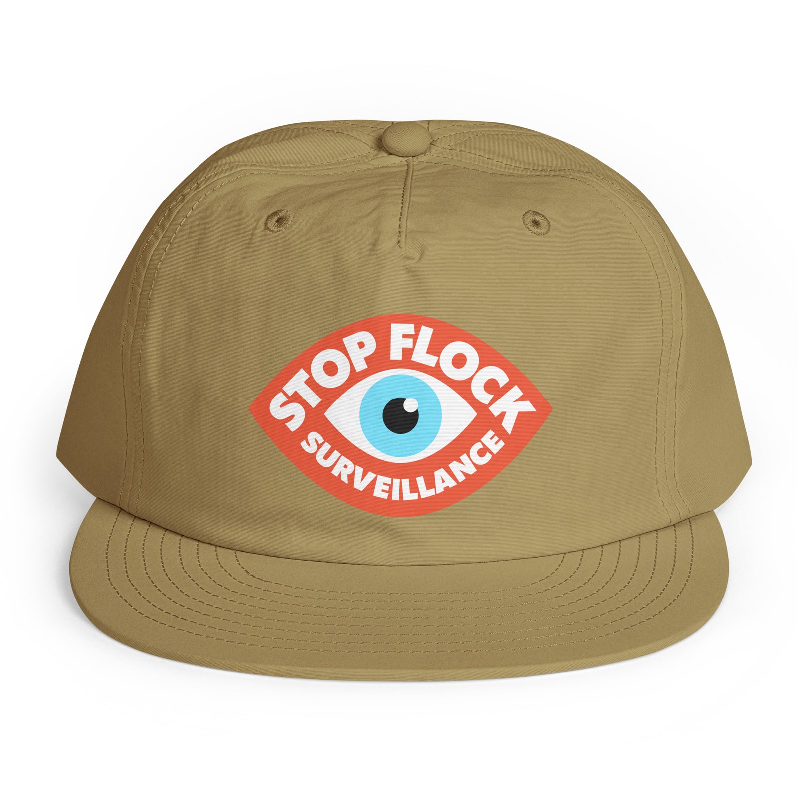 A tan baseball cap with a red, white, and blue graphic on the front that reads 'STOP FLOCK SURVEILLANCE' around an eye illustration, shown on a plain white background.