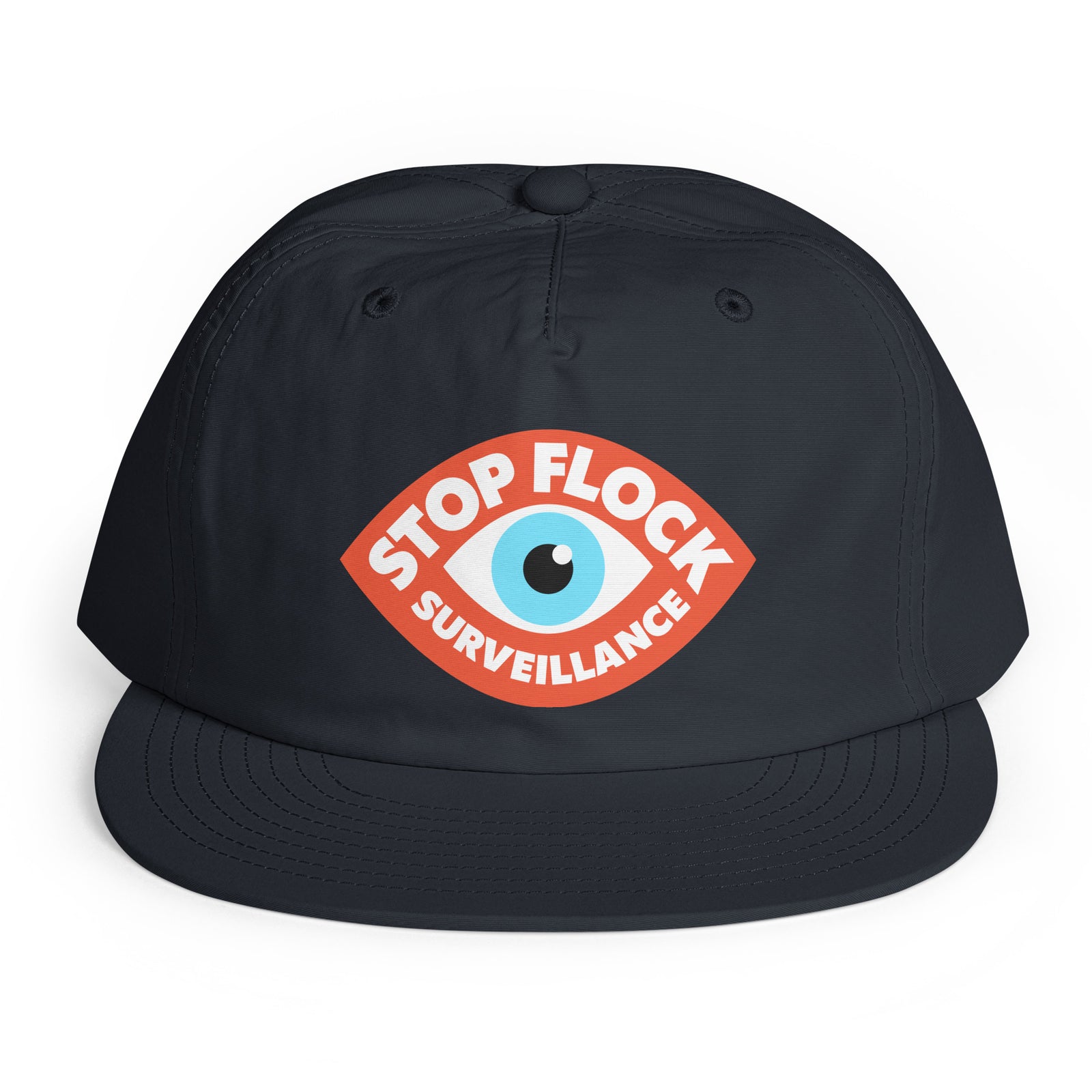 A black baseball cap featuring a red shield-shaped graphic on the front with a light blue eye in the center and the words 'STOP FLOCK SURVEILLANCE' in white.