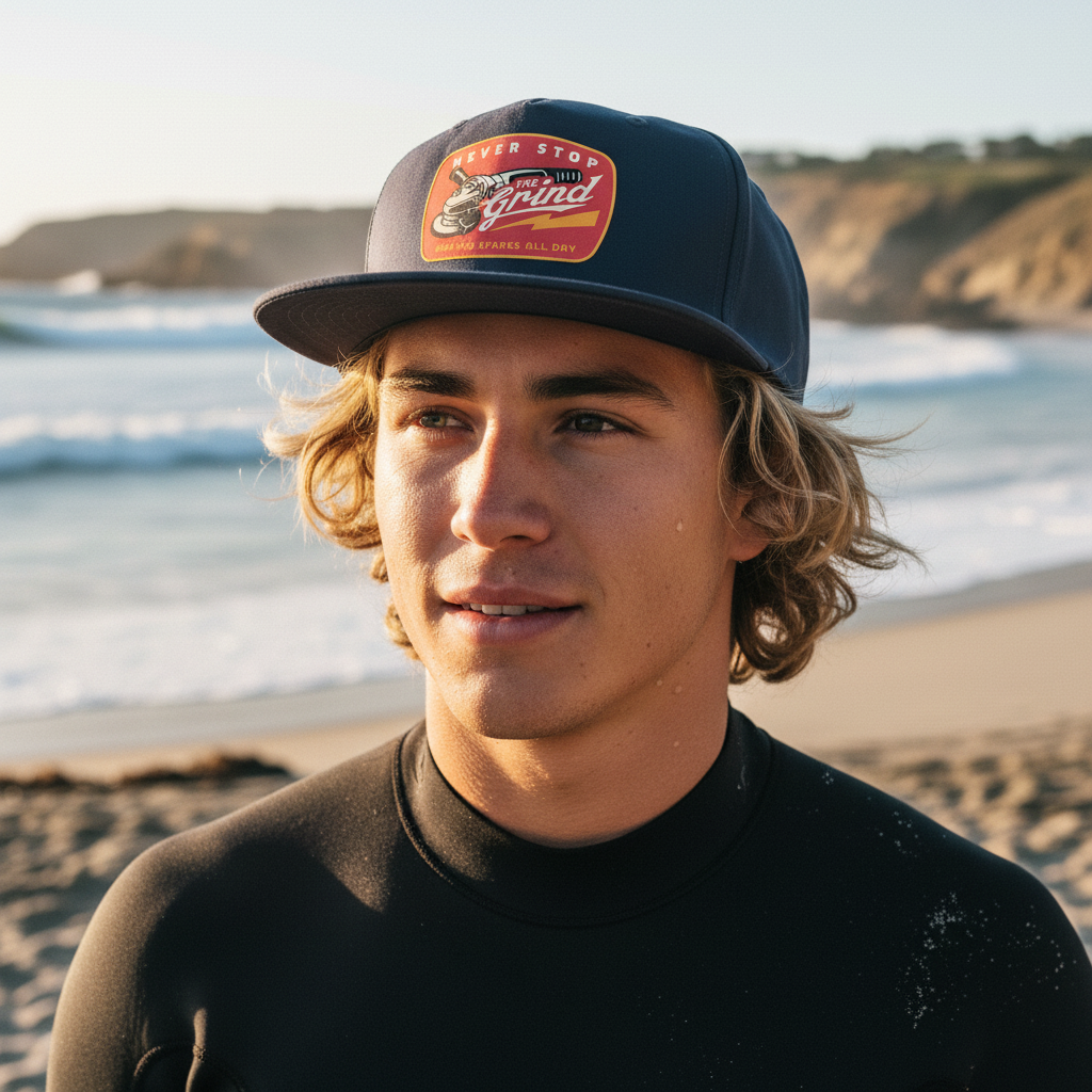 Person wearing a cap and wetsuit on a beach