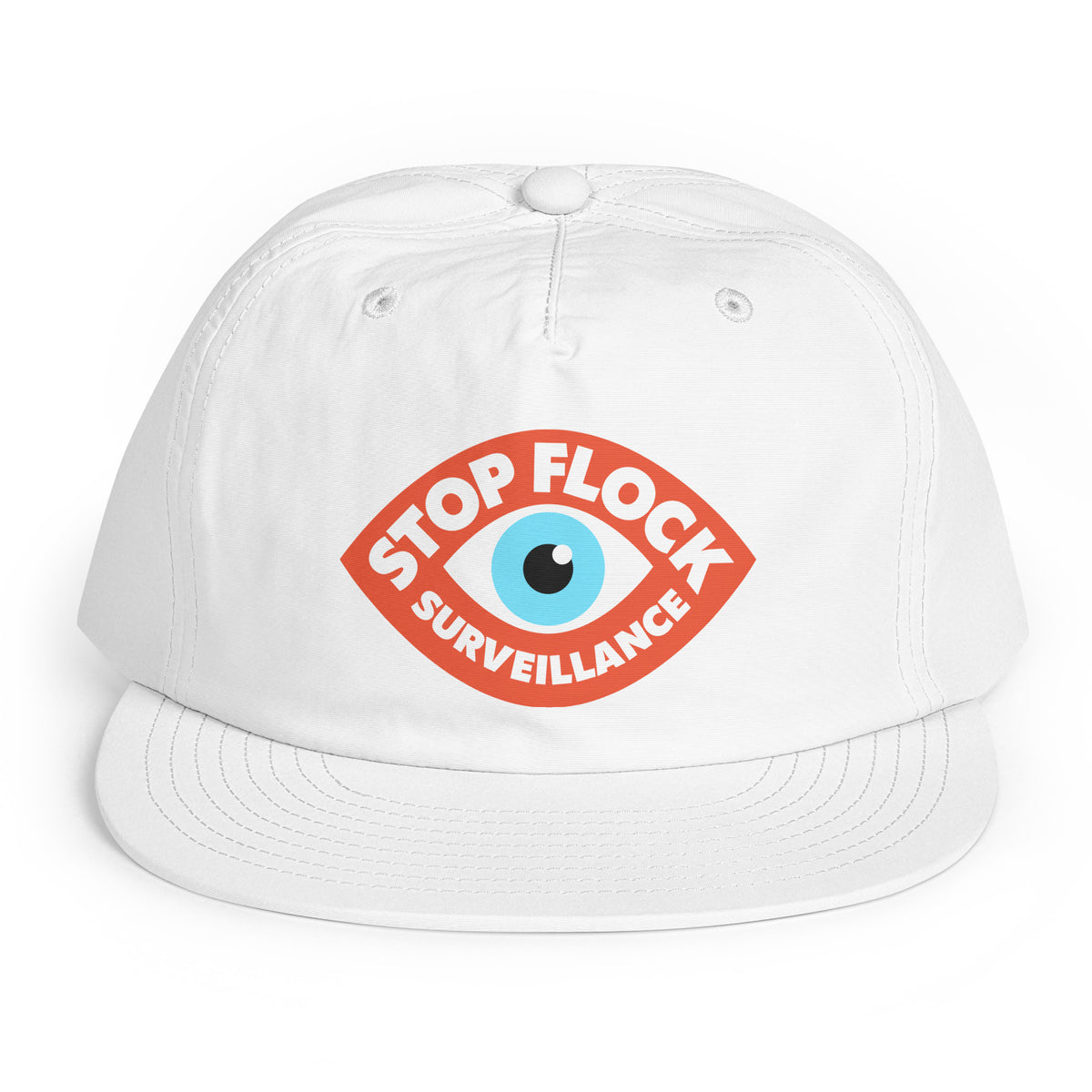 A white baseball cap featuring a red graphic on the front with a blue eye and the text 'STOP FLOCK SURVEILLANCE' in white, set against a plain white background.