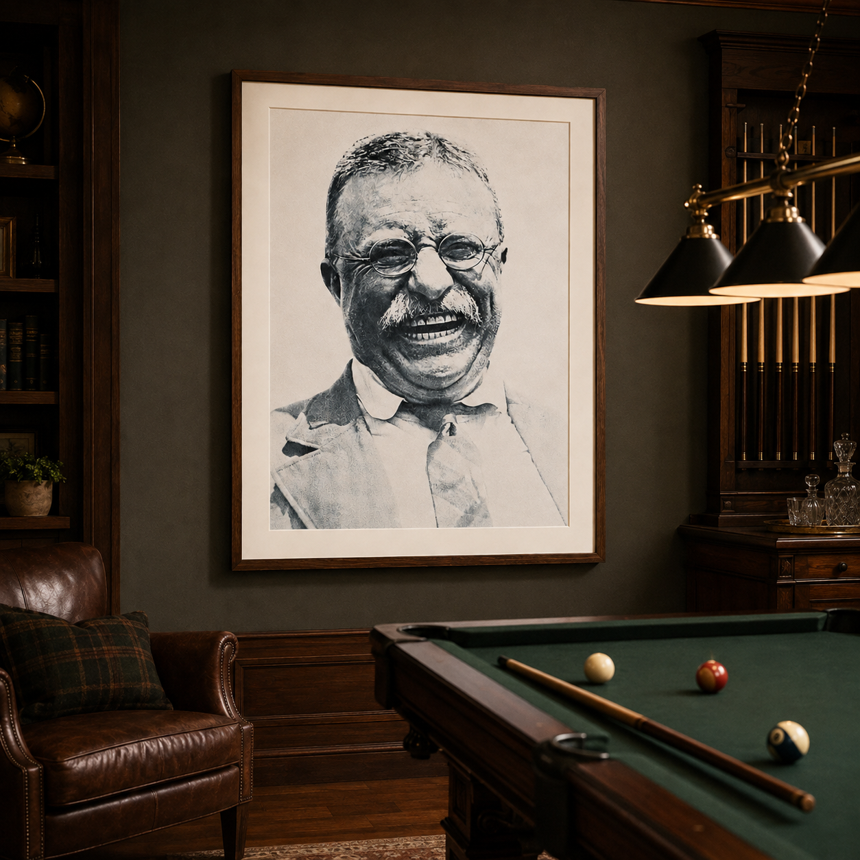 A large 30 inch by 40 inch framed black and white portrait print of a smiling Teddy Roosevelt with glasses hangs on a dark wall above a wooden pool table in a dimly lit room with a leather chair and hanging lamps.