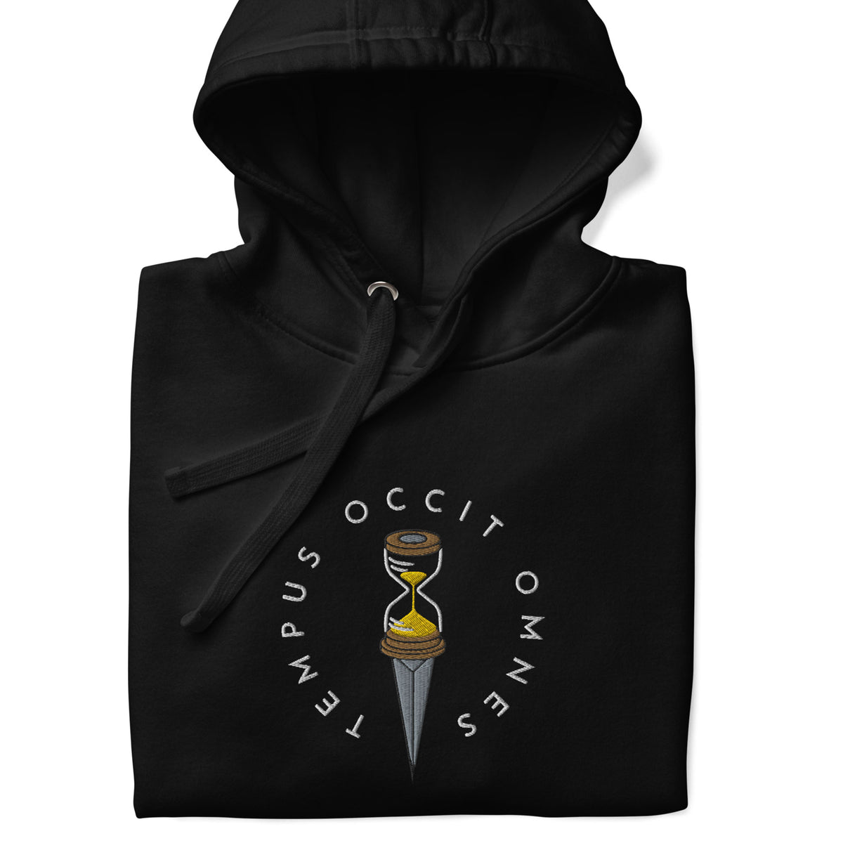 Black hoodie with the Latin phrase &#39;Tempus Occit Omnes&#39; embroidered on the front near the center, featuring a hourglass design within the letters.