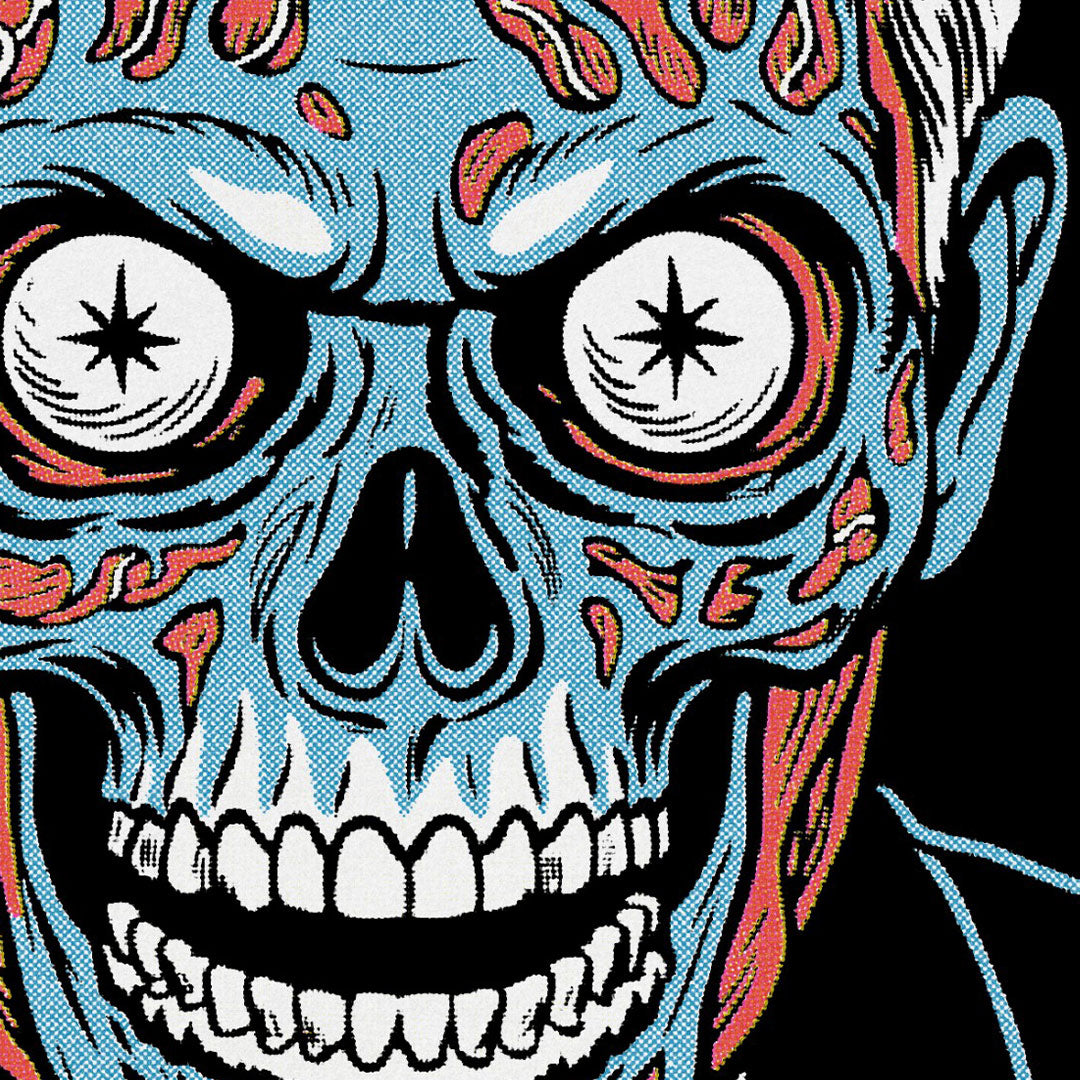 Colorful skull design with red and blue accents on a black background