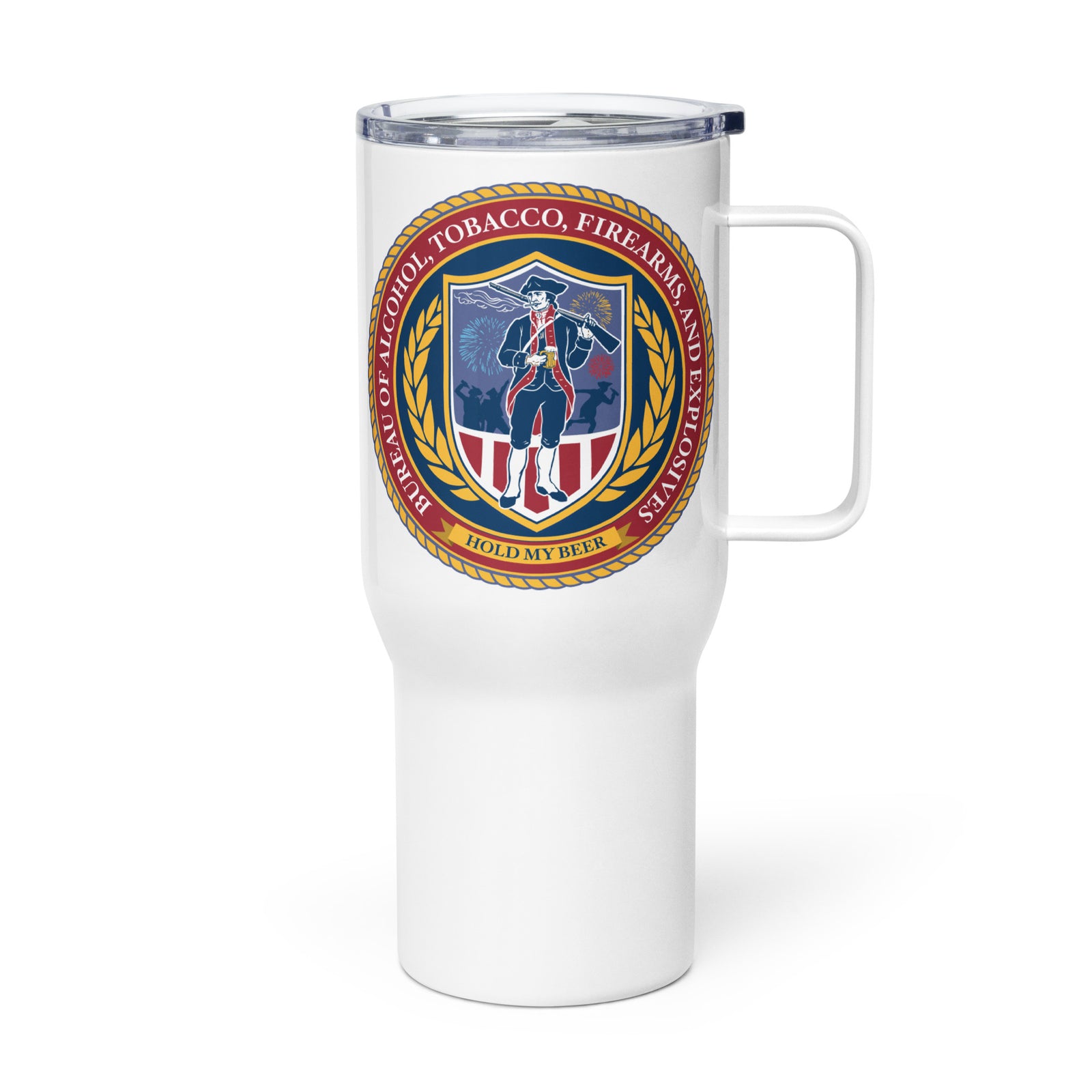 Alcohol Tobacco and Firearms and Explosive Parody Travel Mug with a Handle