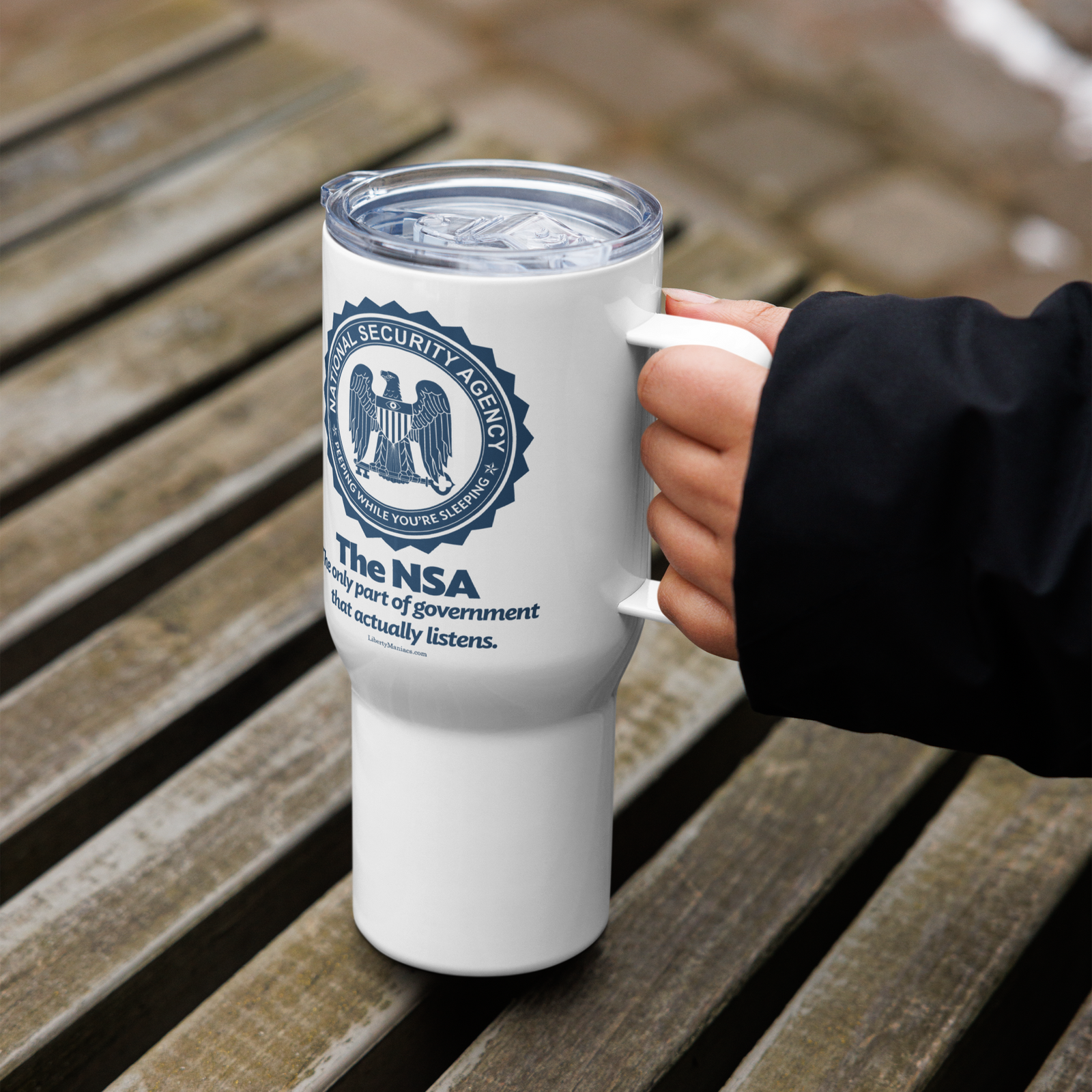 The NSA Stainless Steel Travel Mug with a Handle