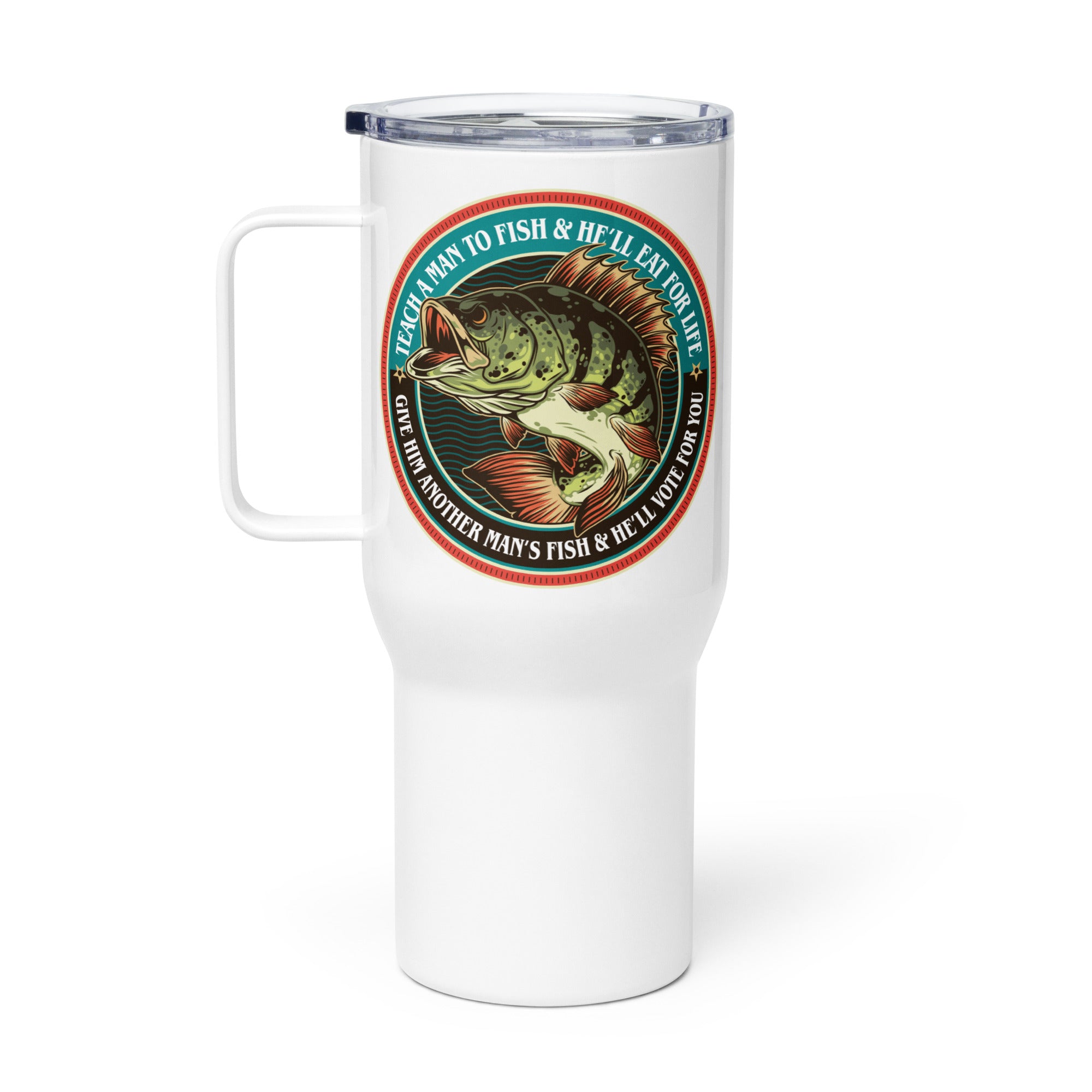 Teach a Man To Fishg Travel mug with a handle