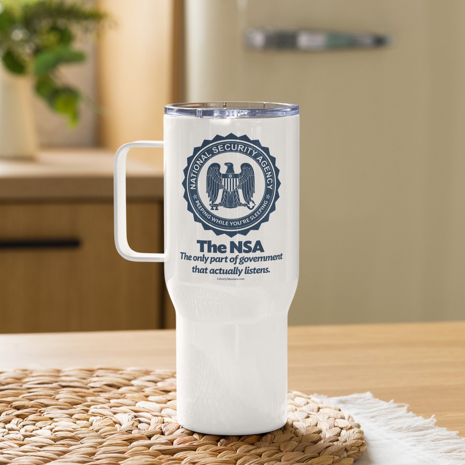 The NSA Stainless Steel Travel Mug with a Handle