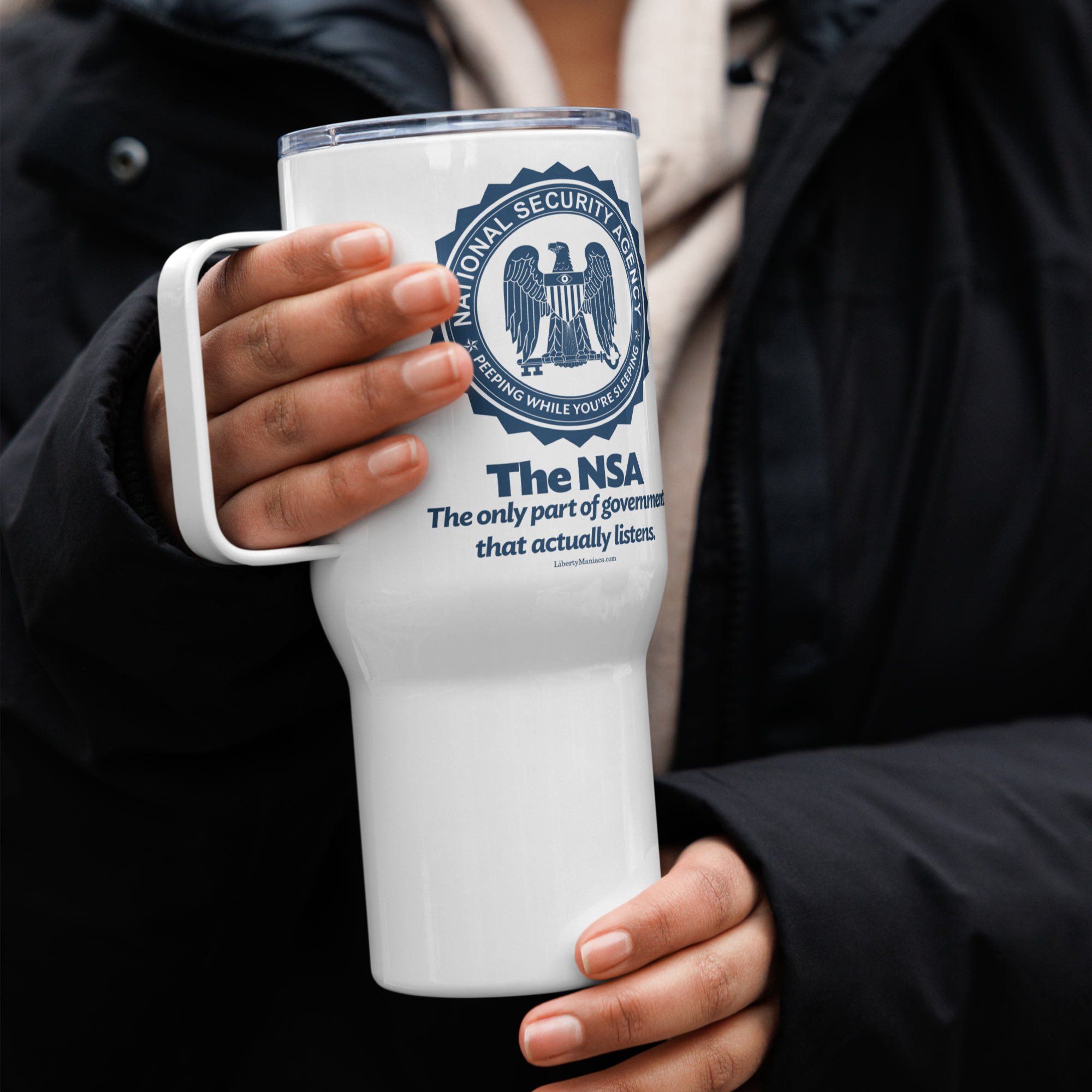 The NSA Stainless Steel Travel Mug with a Handle