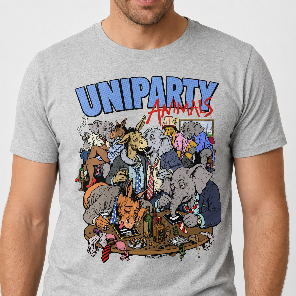 Uniparty Animals T-Shirt by Liberty Maniacs featuring cartoon donkey and elephant mascots in suits at a lively Washington gathering