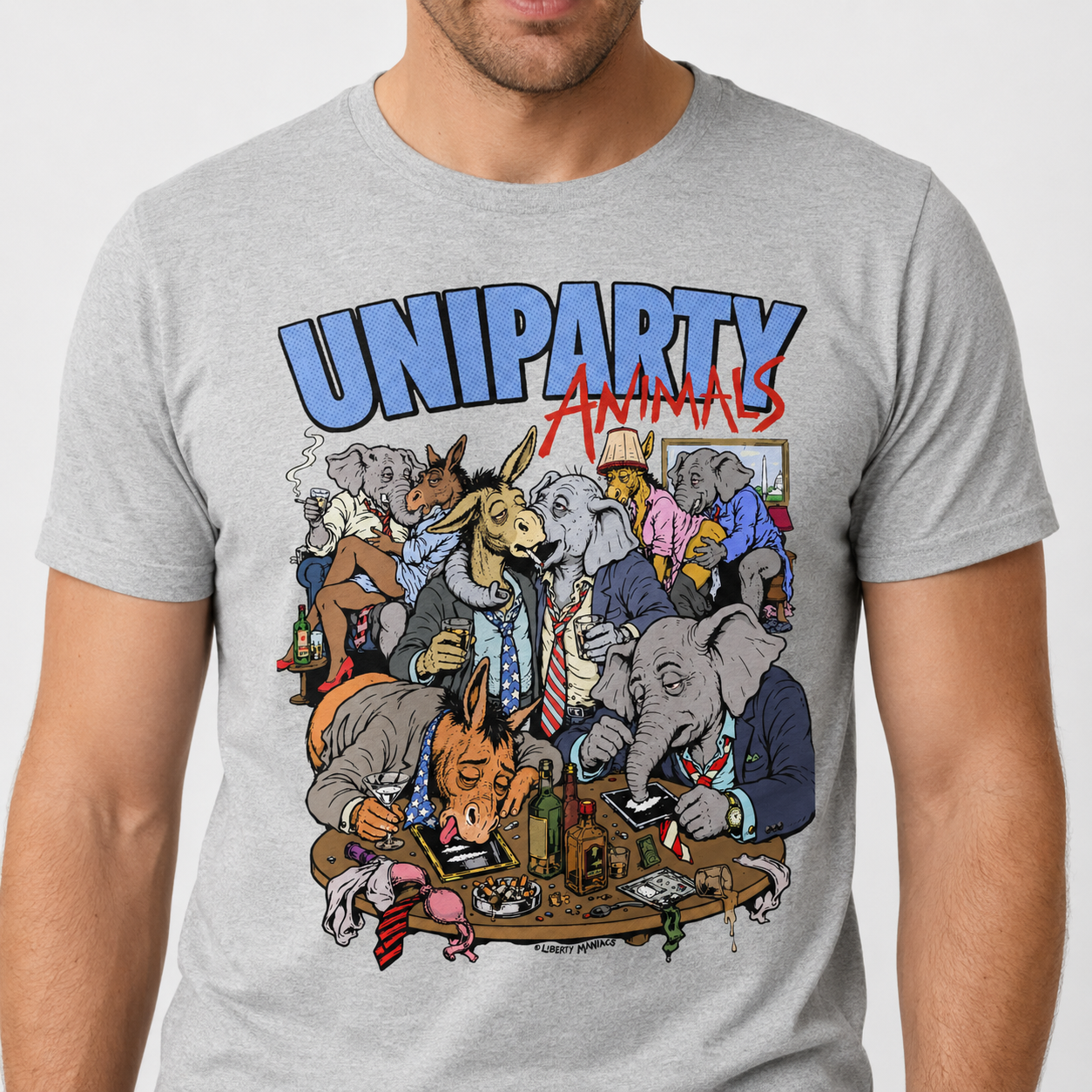 Uniparty Animals T-Shirt by Liberty Maniacs featuring cartoon donkey and elephant mascots in suits at a lively Washington gathering