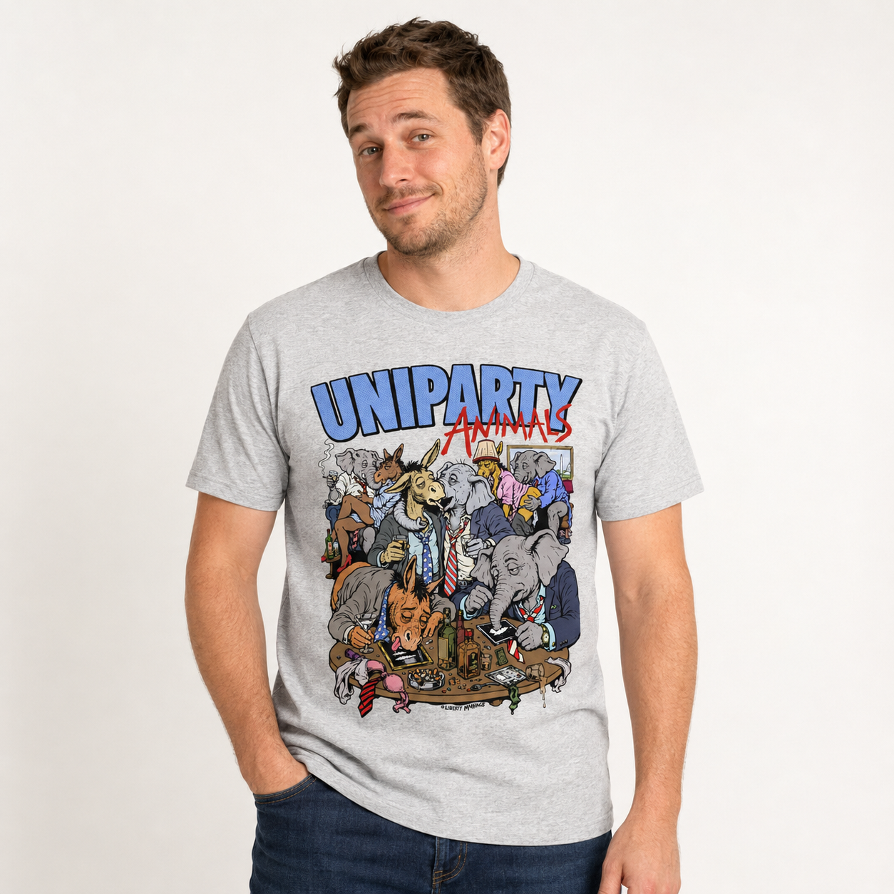 A man wears the Liberty Maniacs Uniparty Animals t-shirt in athletic grey. 