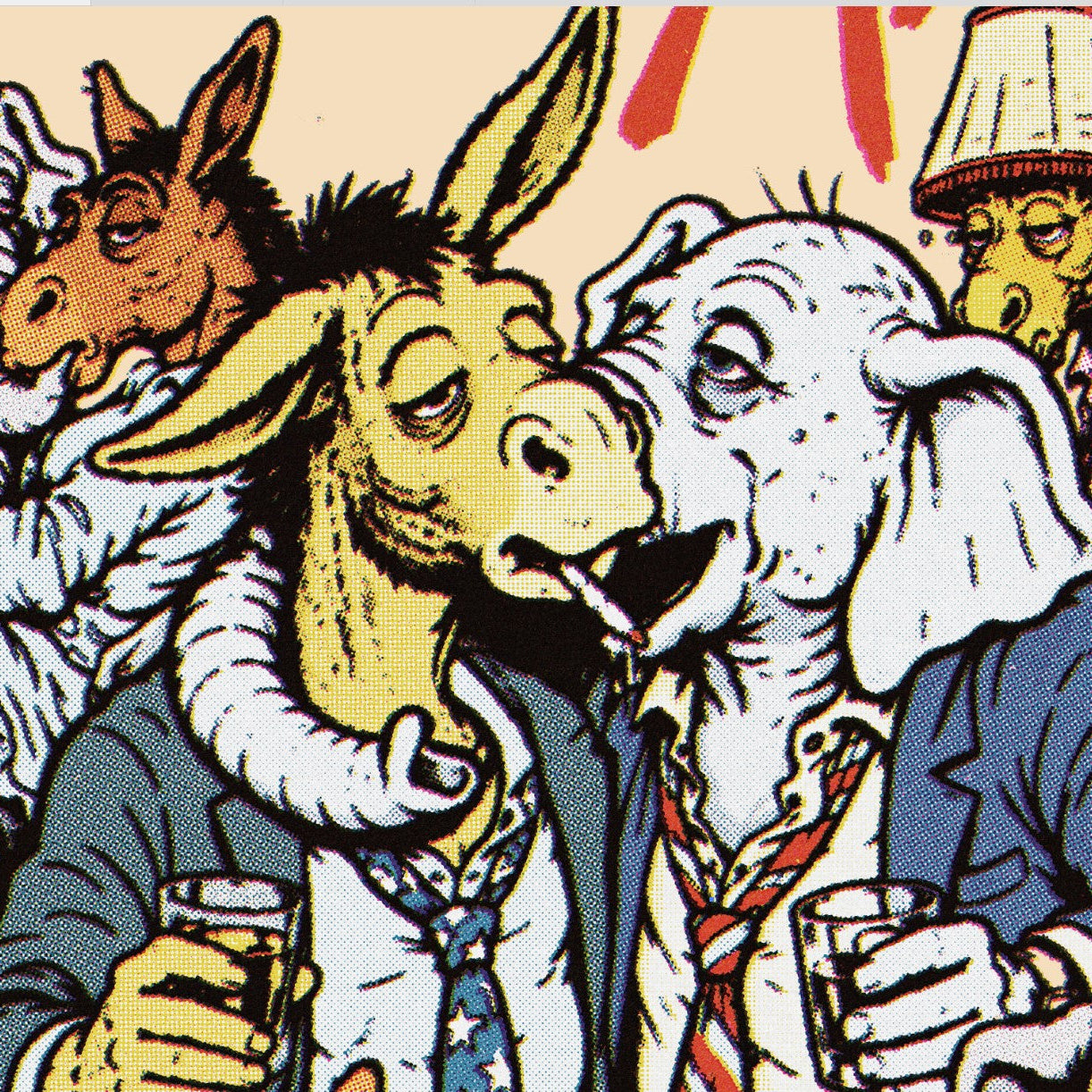Vintage-style political cartoon illustration showing a donkey and an elephant in suits drinking and sharing a drink, with other animal figures in the background.