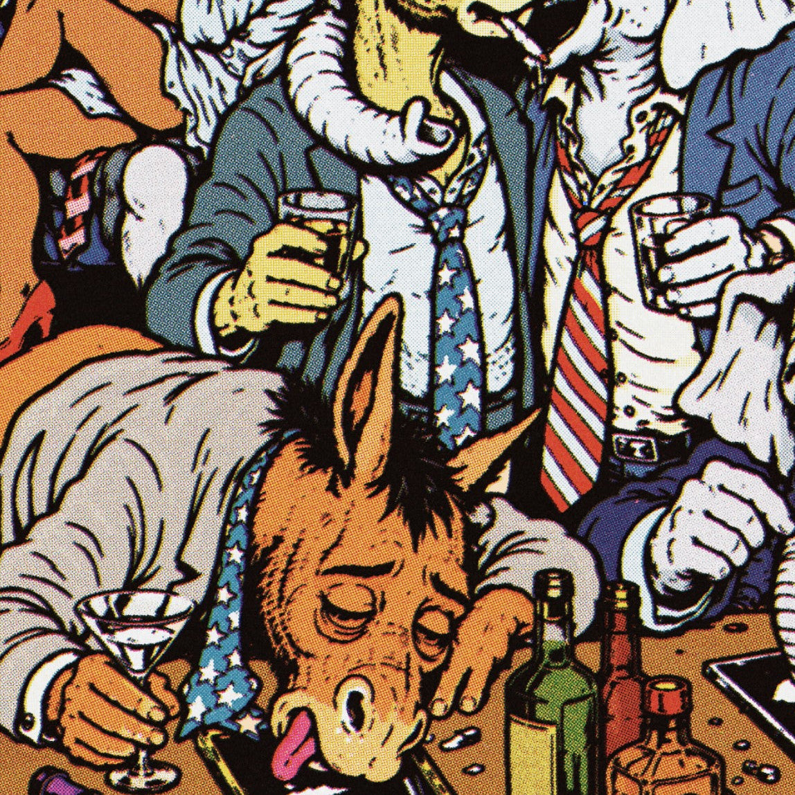 A stylized political cartoon illustration showing several animal-like figures in suits at a table with drinks and bottles, including a donkey, an elephant, and a bear, rendered in bold comic-style linework and limited palette.