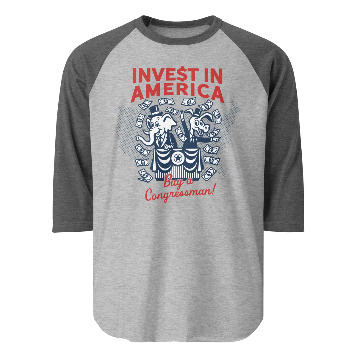 Gray and black baseball shirt with &#39;Invest in America&#39; and &#39;Buy a Congressman!&#39; text on a white background